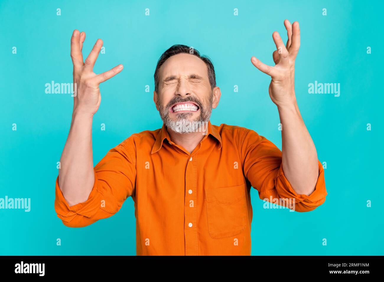 Photo of angry overworked stressed businessman raise hands up why ...