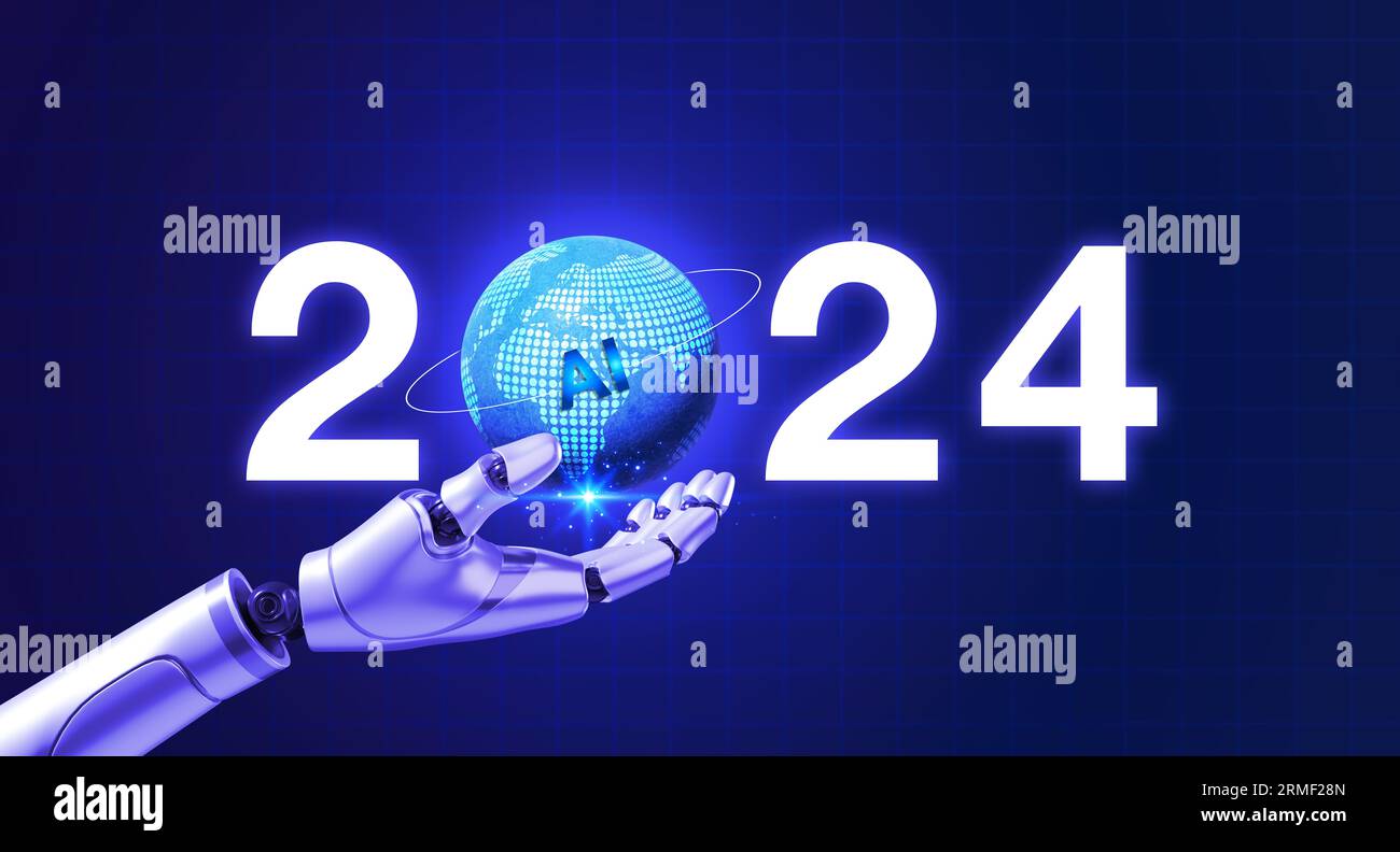 3d rendering AI robot hand holding 2024 calendar year number with digital AI world, glowing on blue cyberspace background. New year business growth an Stock Photo