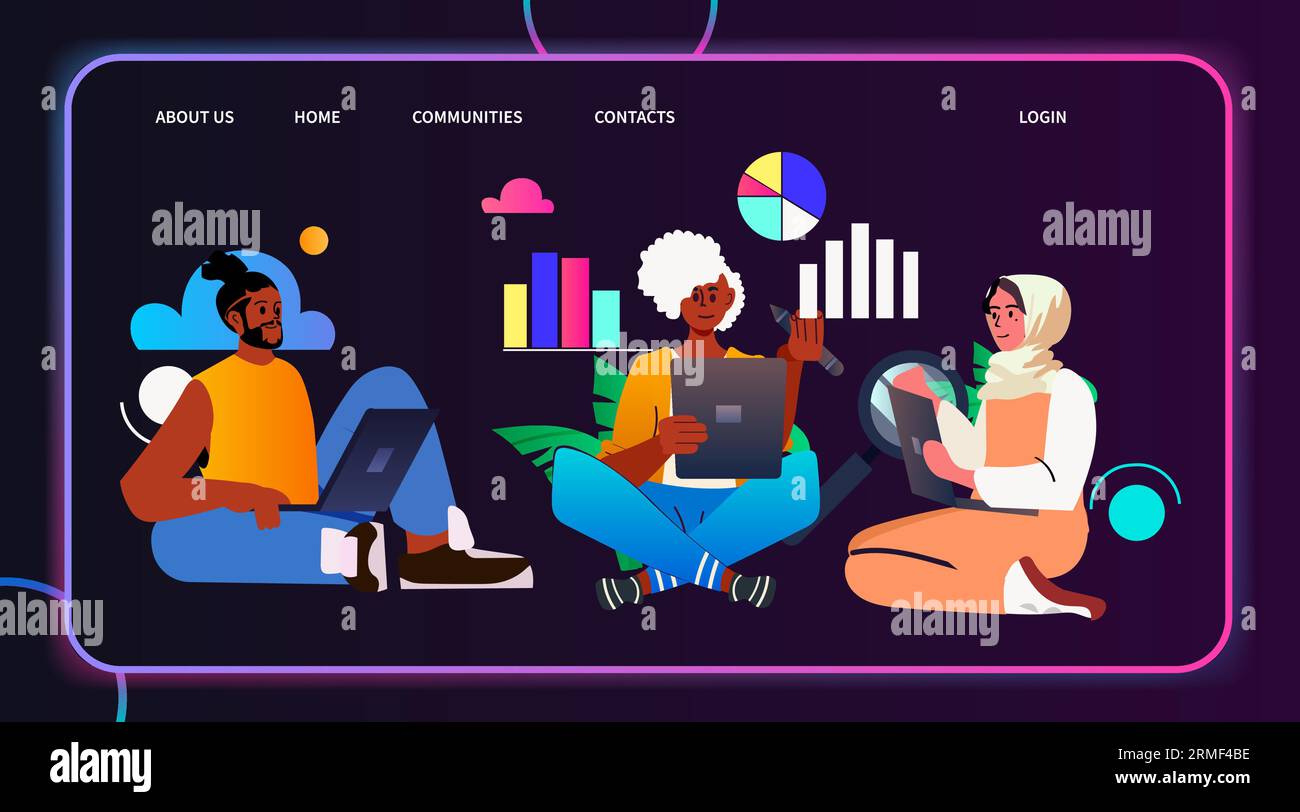 mix race student analyzing statistic data on digital screen online research e-learning distance education concept Stock Vector