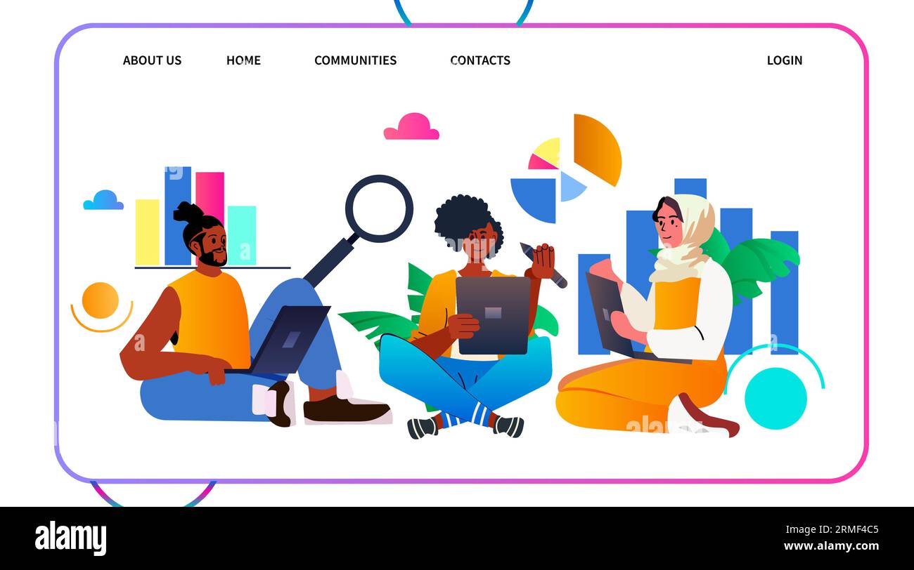 mix race student analyzing statistic data on digital screen online research e-learning distance education concept Stock Vector