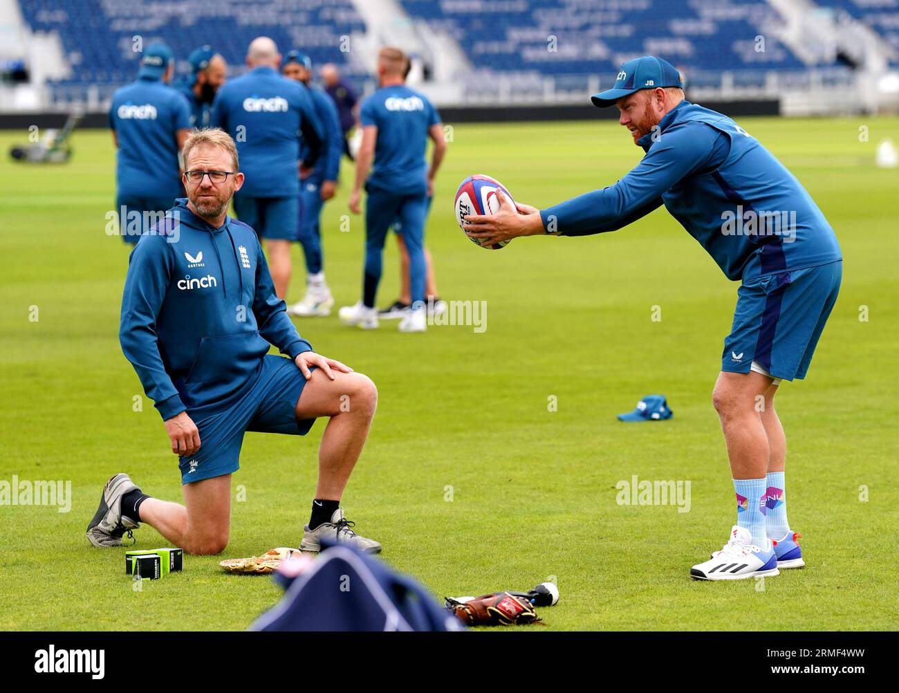 England's Jonny Bairstow (right) during a nets session at the Seat Unique Riverside, County Durham. Picture date: Monday August 28, 2023. Stock Photo