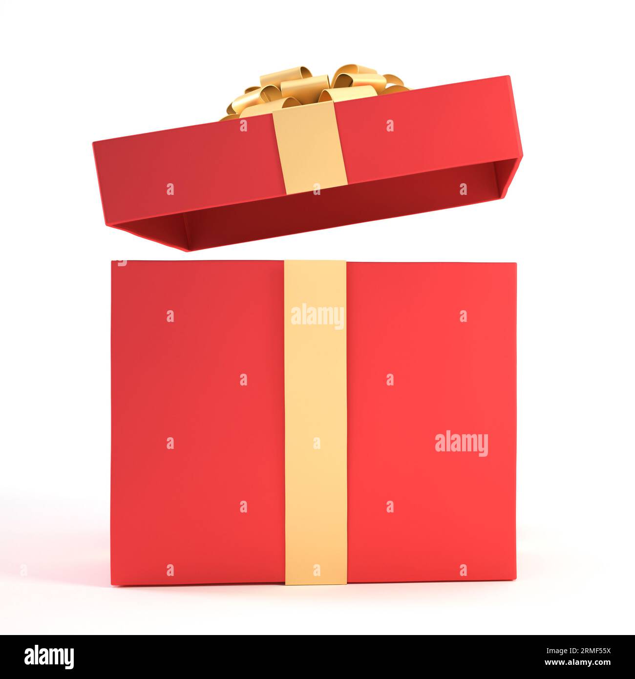 Open red gift box with gold ribbon and bow isolated on white background and copy space. Stock Photo