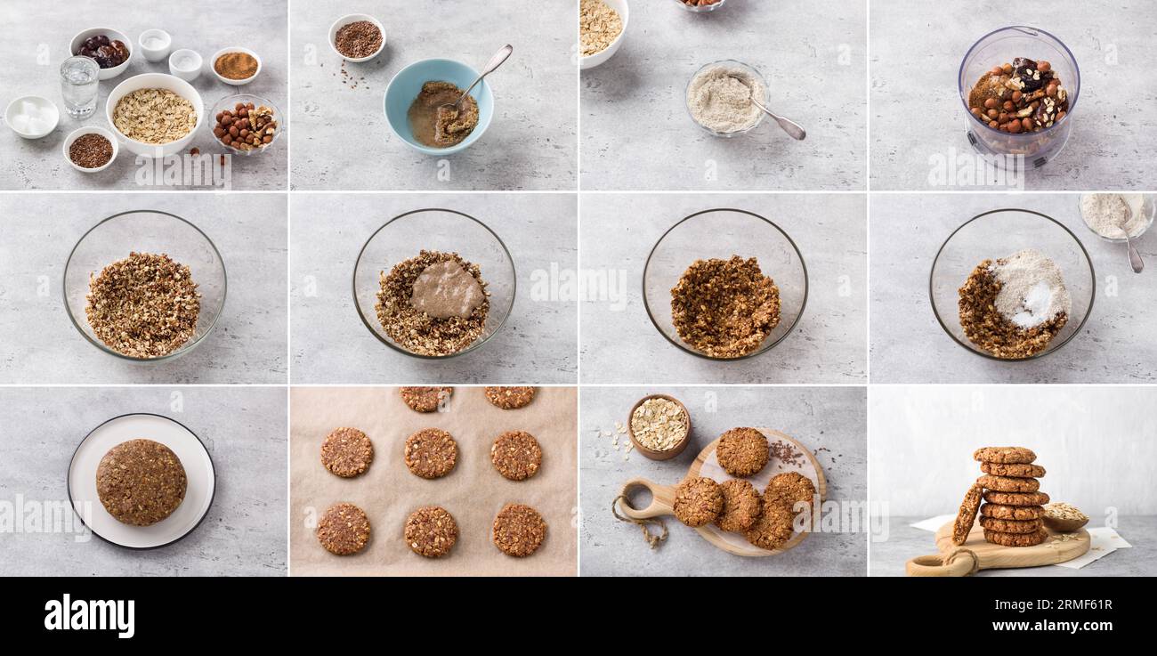 Cooking vegan oatmeal cookies with nuts and flaxseed, collage, do it yourself, step by step, ingredients, cooking steps, final dish on a gray stone Stock Photo