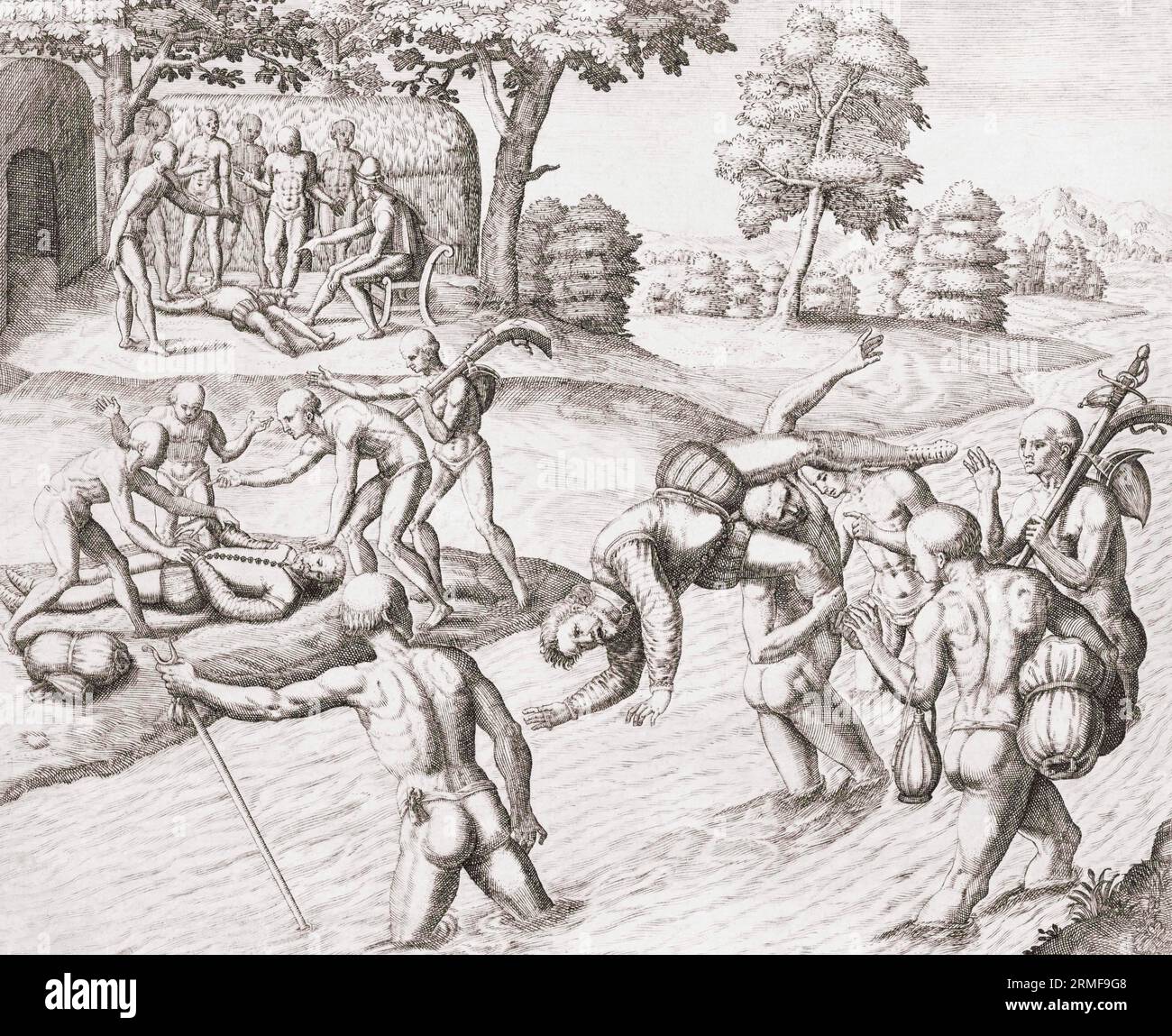 Believing that European invaders may be gods, native Americans test their immortality. After a late 16th century work by Theodor de Bry. Stock Photo