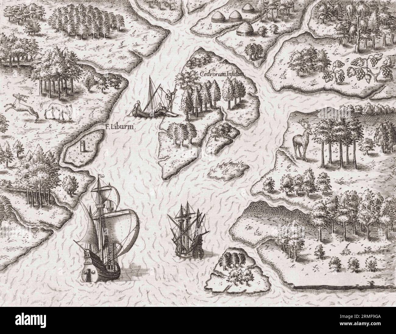 A French naval captain sets foot on an island in Florida.  After a late 16th century work by Theodor de Bry. Stock Photo