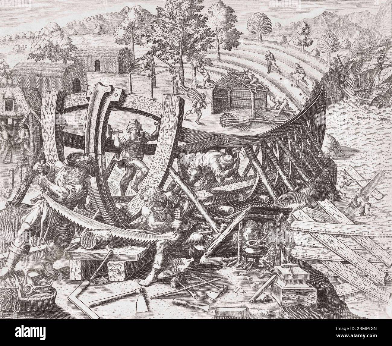 Shipwrecked settlers building a new boat.  On the right men gather wood from the wreck and bring it to where the new boat is being built.  Other men plant crops for food for the onward journey.   After a late 16th century work by Theodor de Bry. Stock Photo
