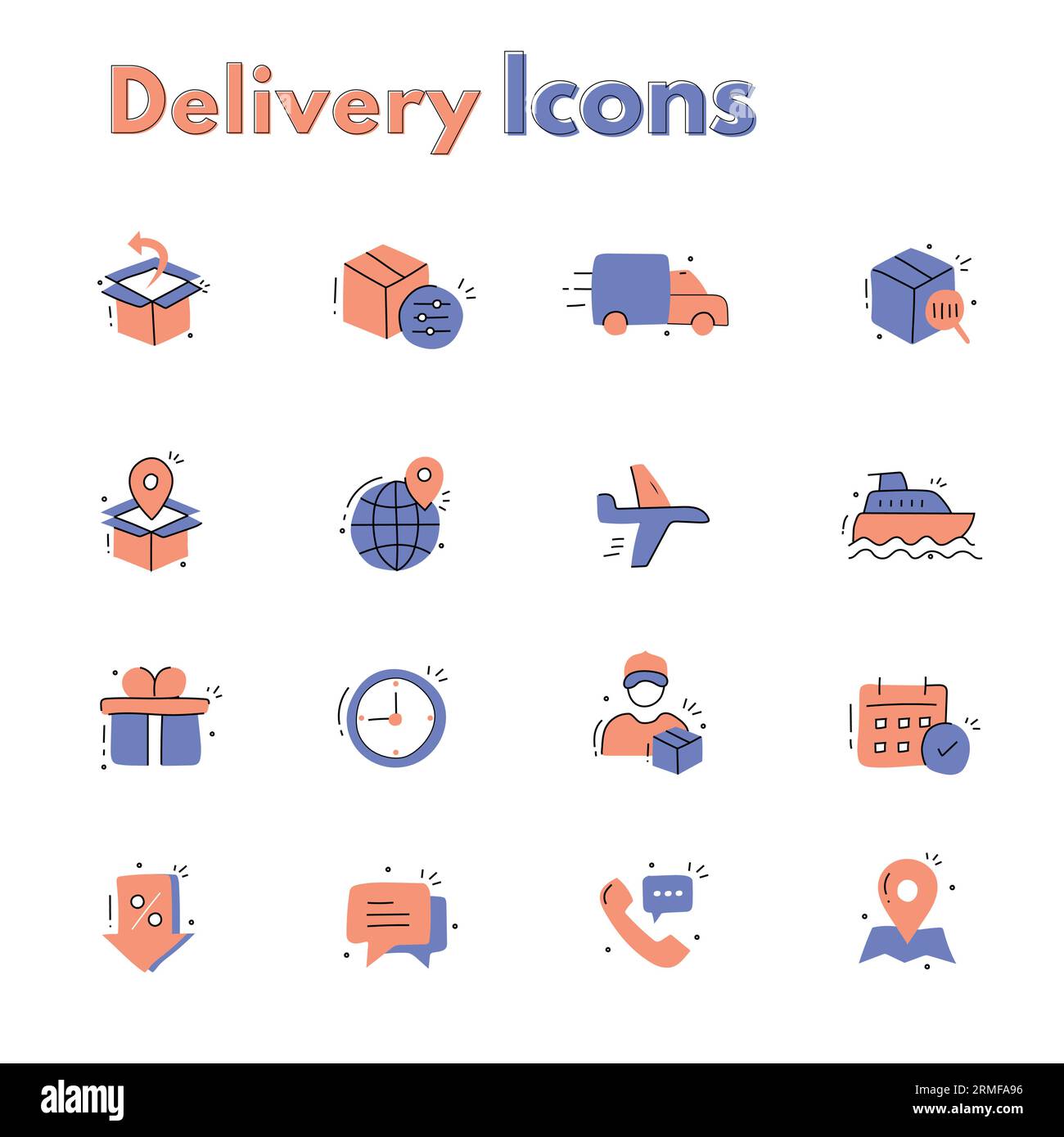 Online shopping delivery icons, E-commerce shipping icons, Order fulfillment icons, Package delivery icons, Shopping cart delivery icons. Stock Vector