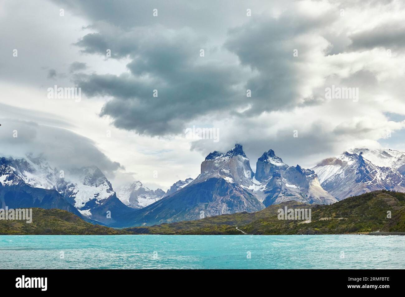 Scenic view of Cuernos del Paine mountains in Torres del Paine national park, Chile Stock Photo