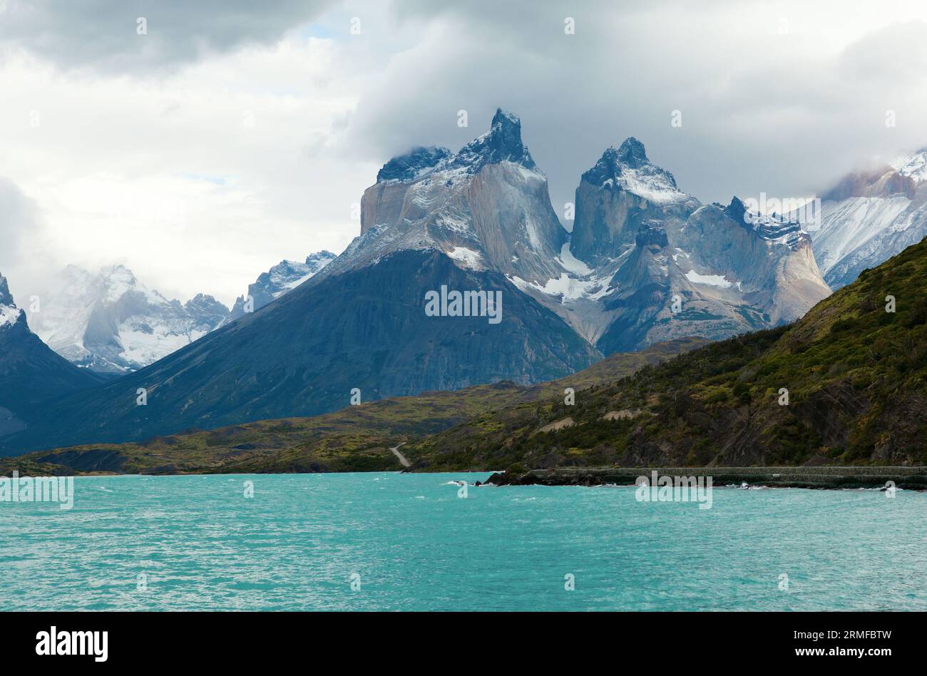 Scenic view of Cuernos del Paine mountains in Torres del Paine national park, Chile Stock Photo