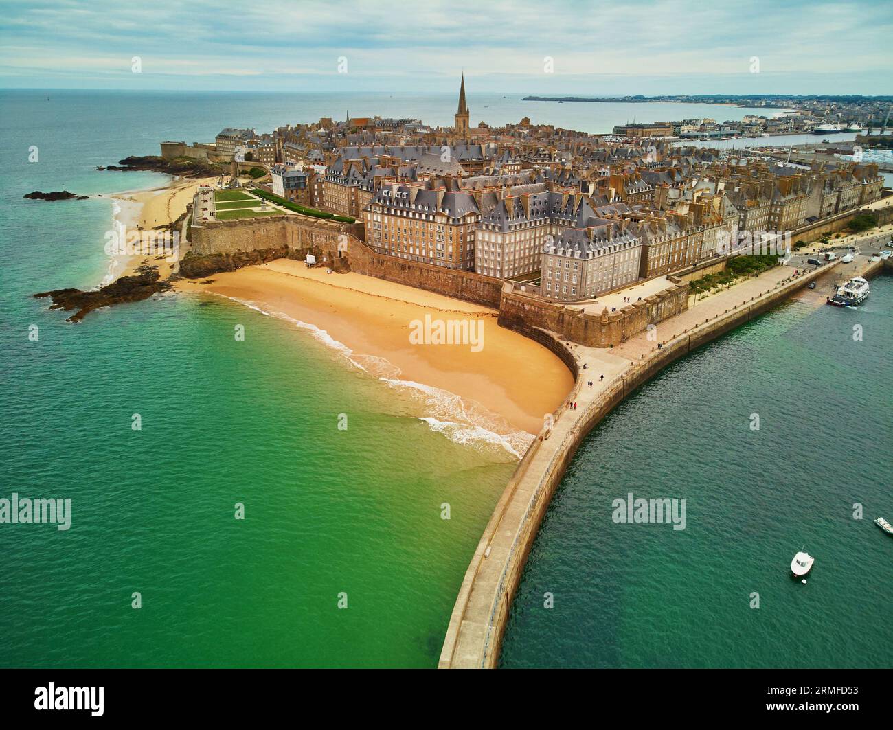 Scenic aerial drone view of SaintMalo IntraMuros in Brittany, France