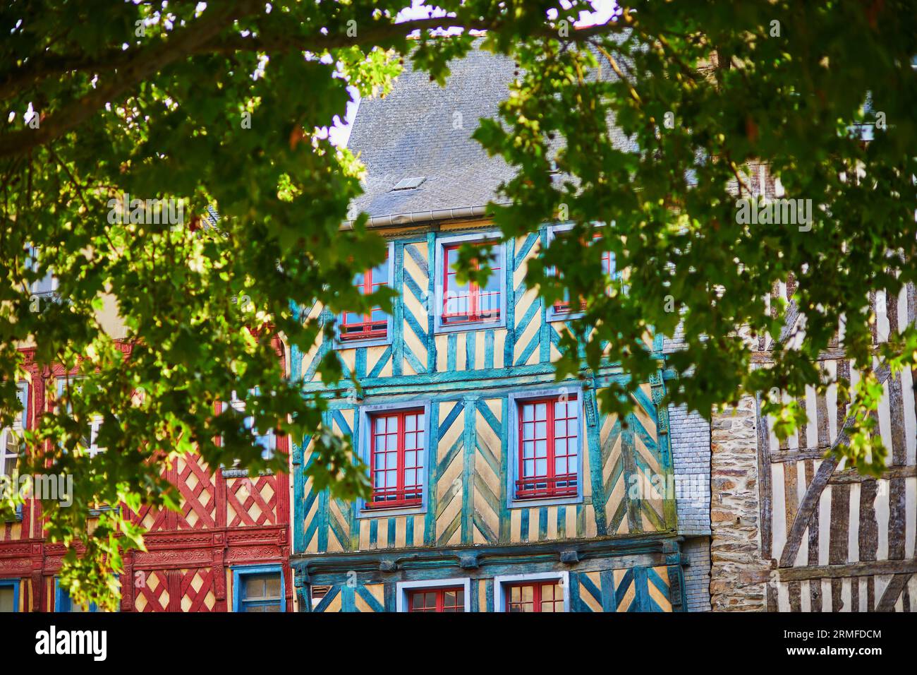 Beautiful halftimbered buildings in medieval town of Rennes, one of