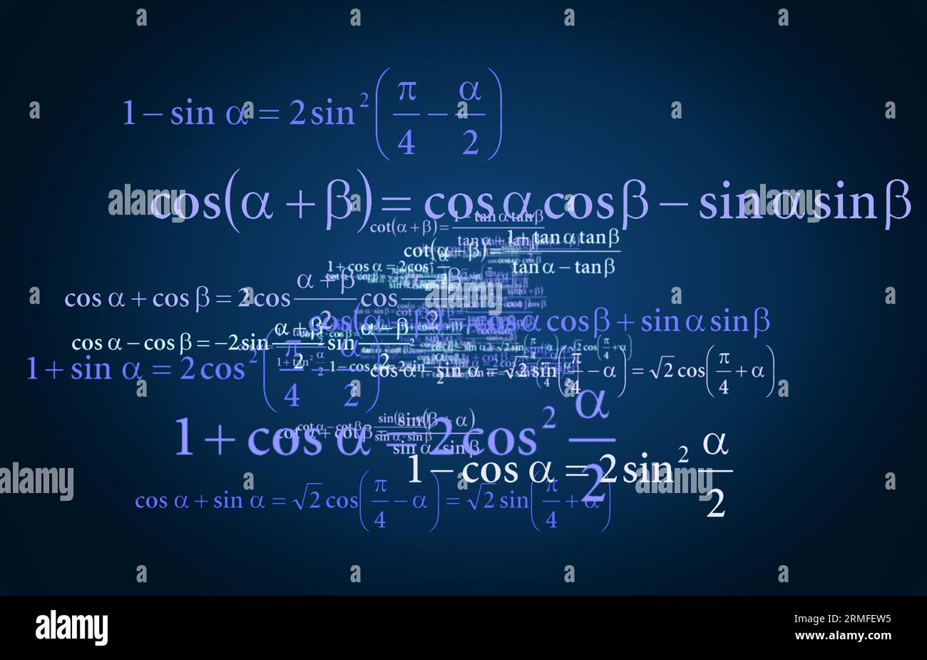 Trigonometric formulas in space. Selective focus, different blue hues, vignette on background. Stock Photo