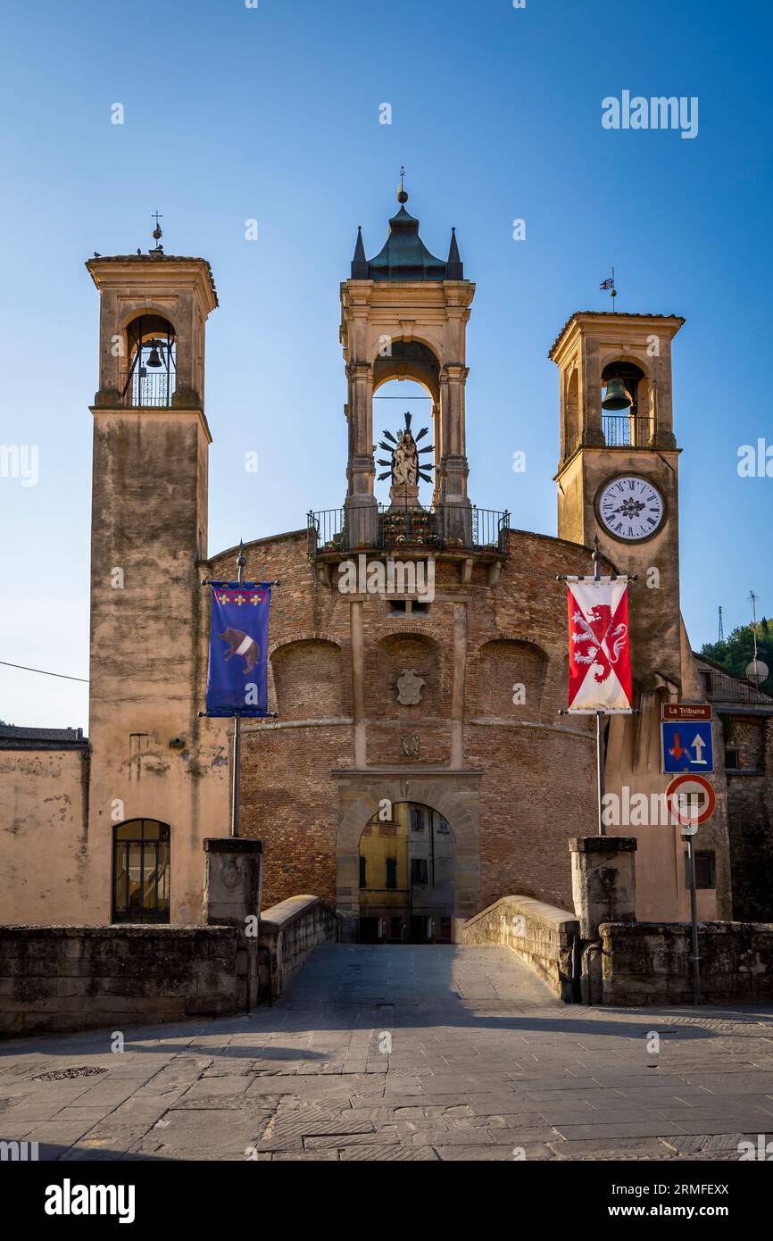 The ancient building called La Tribuna with the city gate. Modigliana, Forli, Emilia Romagna, Italy, Europe. Stock Photo