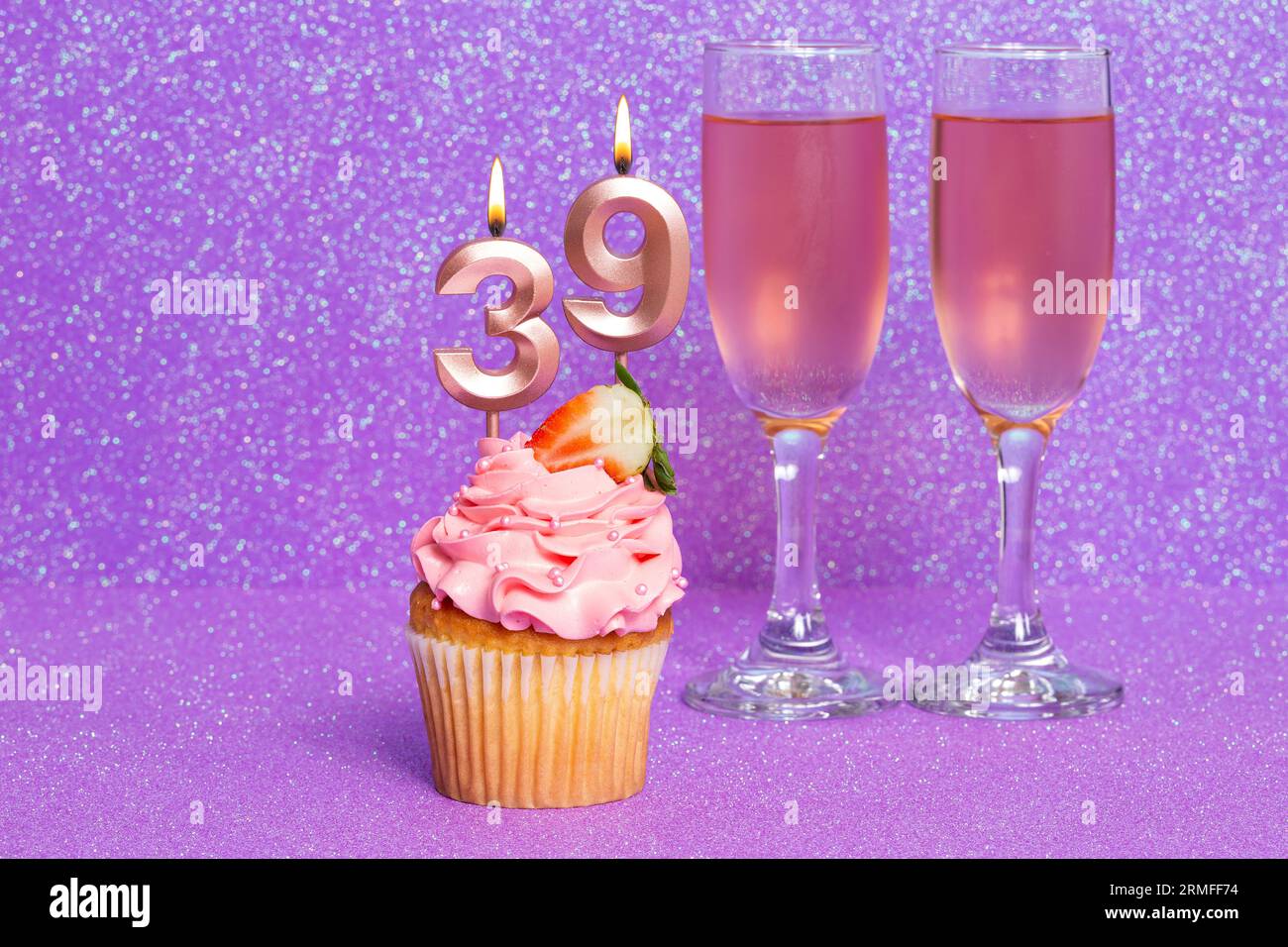 Cupcake With Number And Glasses With Wine For Birthday Or Anniversary Celebration; Number Thirty Nine. Stock Photo