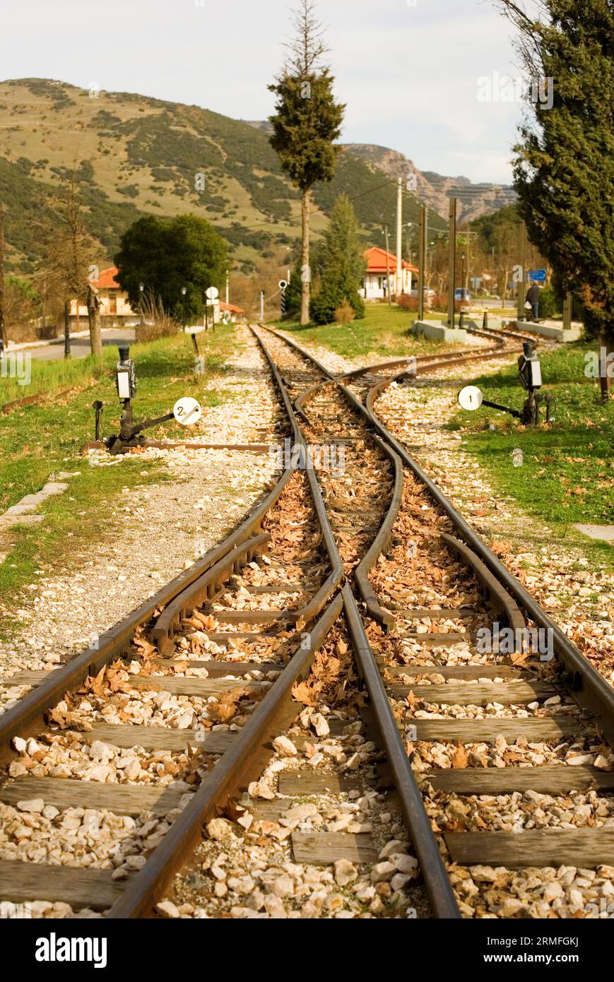 Rails of famous Diakofto-Kalavrita railway, a historic 750 mm gauge rack railway. Photo taken near the terminus station in Kalavrita at Peloponnese, G Stock Photo