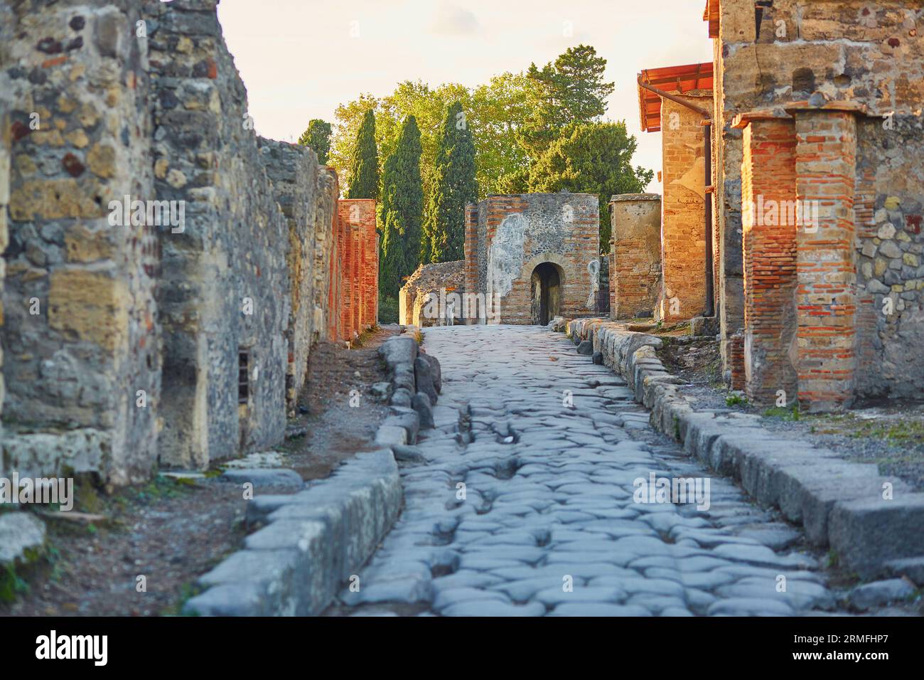 Ancient ruins in Pompeii, Roman town near modern Naples destroyed and buried under volcanic ash during eruption of Mount Vesuvius in 79 AD Stock Photo