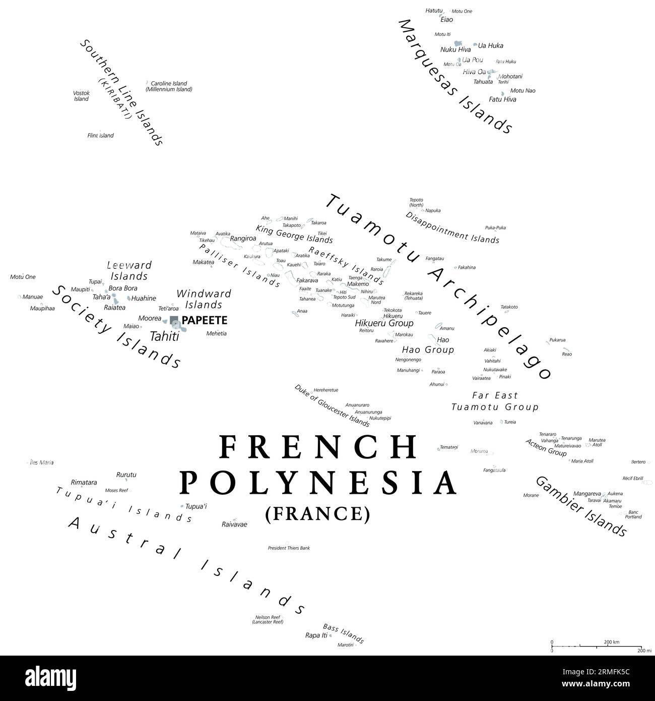 French Polynesia, gray political map with capital Papeete, on the island of Tahiti. Overseas collectivity of France, and sole overseas country. Stock Photo