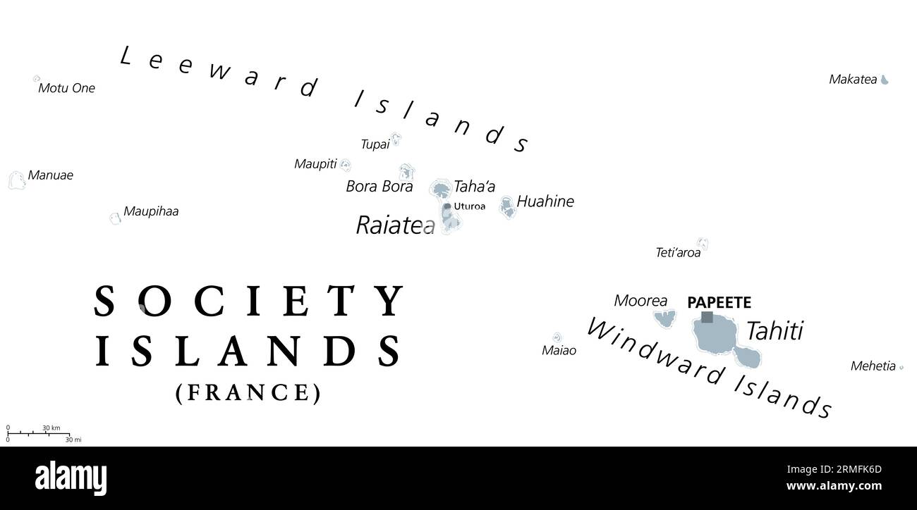 Society Islands, gray political map. Group of volcanic islands, in French Polynesia. Overseas collectivity of France in the South Pacific Ocean. Stock Photo