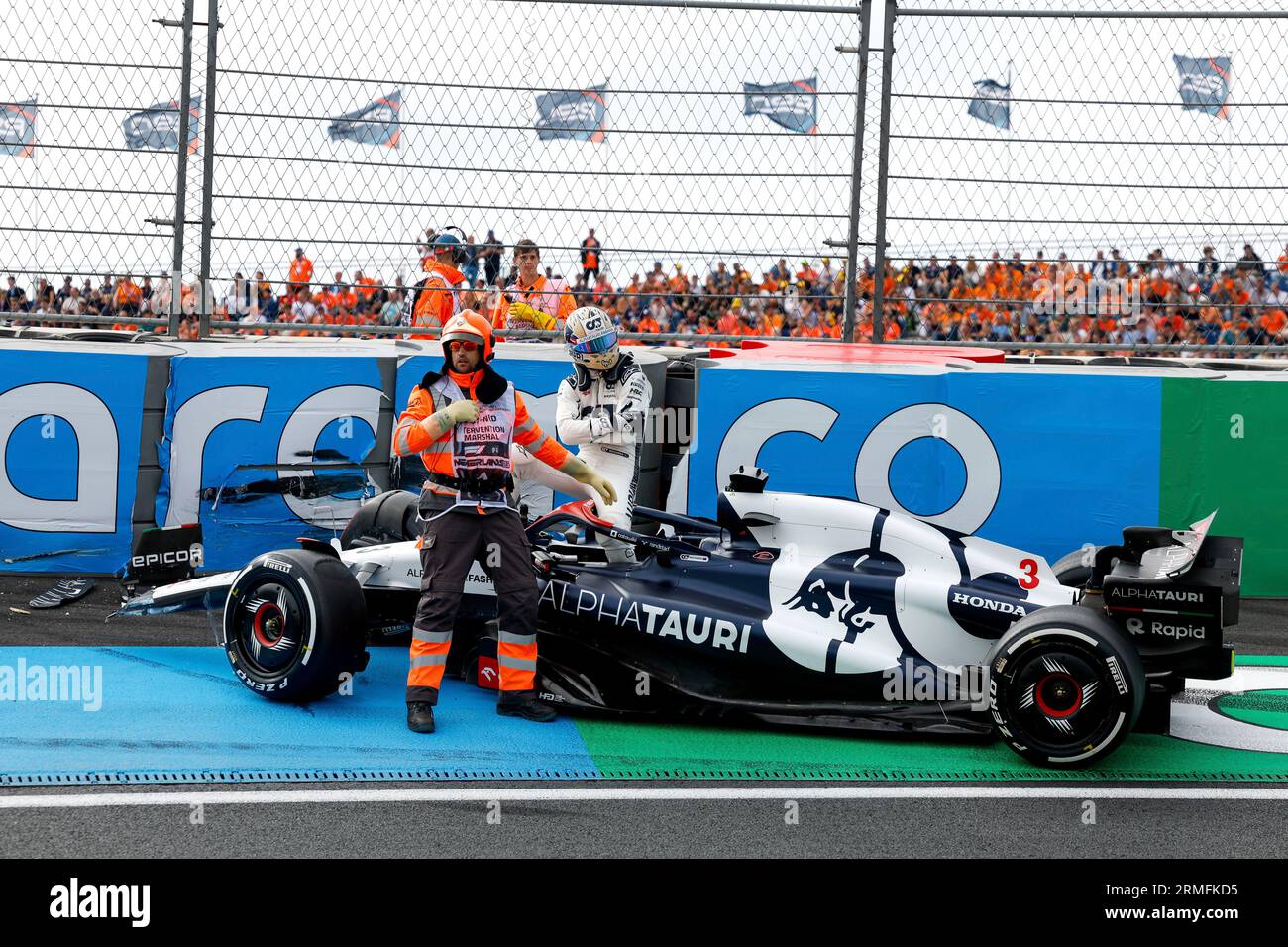 Zandvoort, Netherlands. 25th Aug, 2023. #3 Daniel Ricciardo (AUS, Scuderia AlphaTauri) after crash, F1 Grand Prix of the Netherlands at Circuit Zandvoort on August 25, 2023 in Zandvoort, Netherlands. (Photo by HIGH TWO) Credit: dpa/Alamy Live News Stock Photo