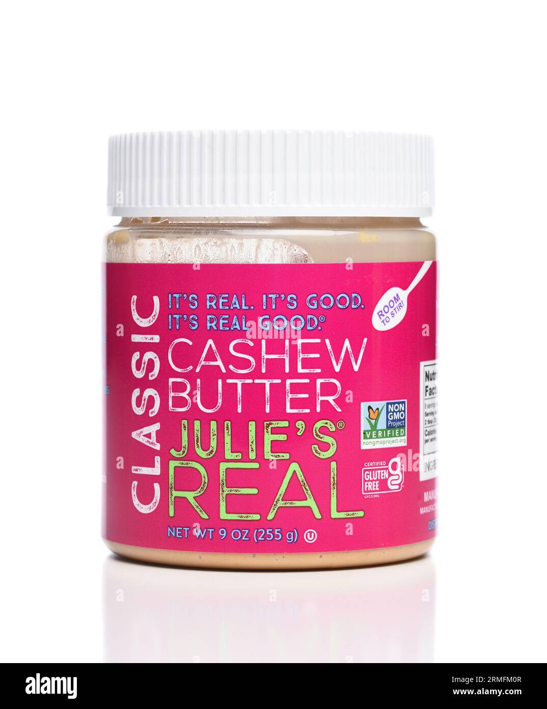 IRIVNE, CALIFORNIA - 27 AUG 2023: A jar of Julies Real Cashew Butter. Stock Photo