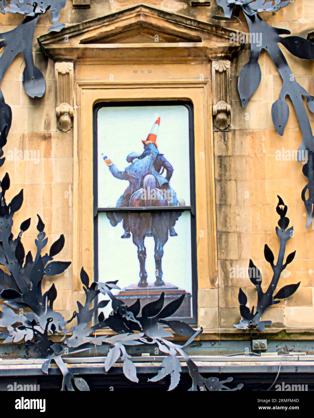 Glasgow, Scotland, UK. 28th  August, 2023.  Rather apt duke tribute on princes square as banksie waves goodbye on the back of the duke. New propeller head cone  on duke as goodbye to Banksy exhibition starts as it ends at 10m today and packs up to leave at 6pm .  Credit Gerard Ferry/Alamy Live News Stock Photo