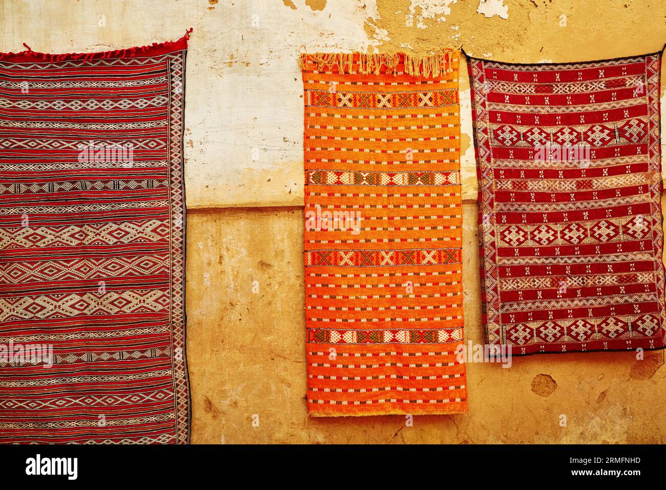 Selection of traditional carpets on Moroccan market (souk) in Fes