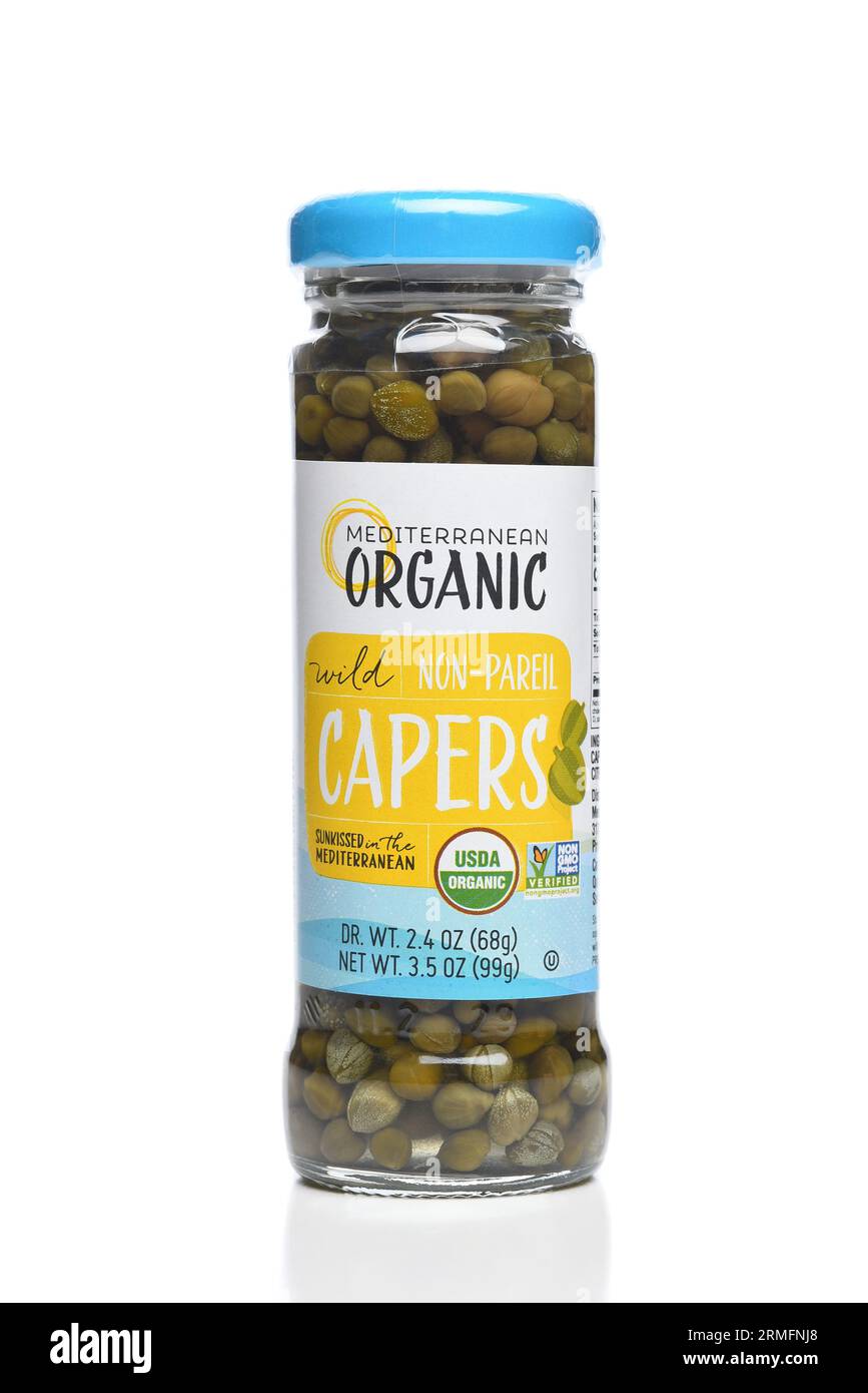IRIVNE, CALIFORNIA - 27 AUG 2023: A jar of Mediterranean Organic Wild Non-Pareil Capers. Stock Photo