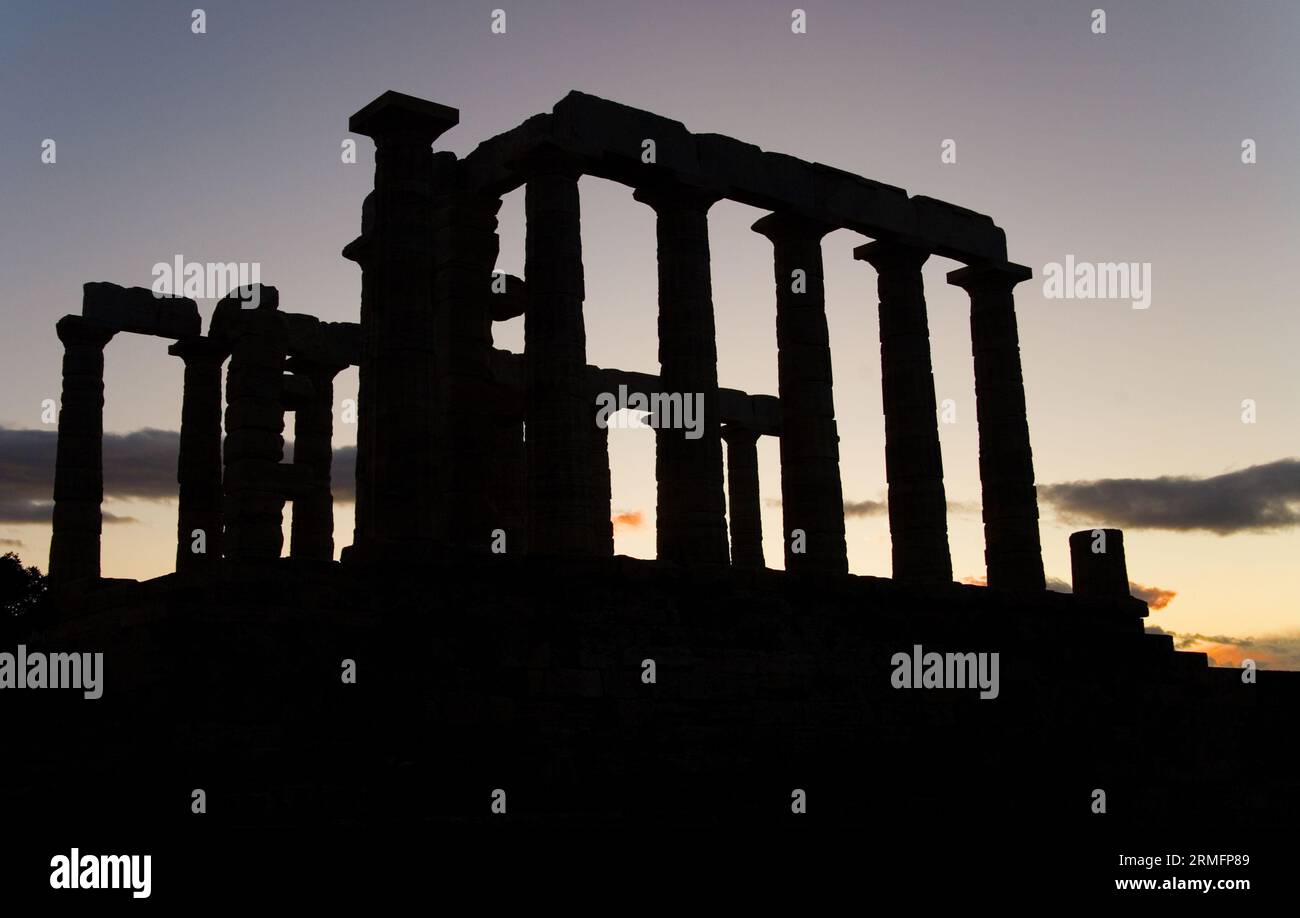 Temple of Poseidon on Sounion cape in Greece at sunset. The ...