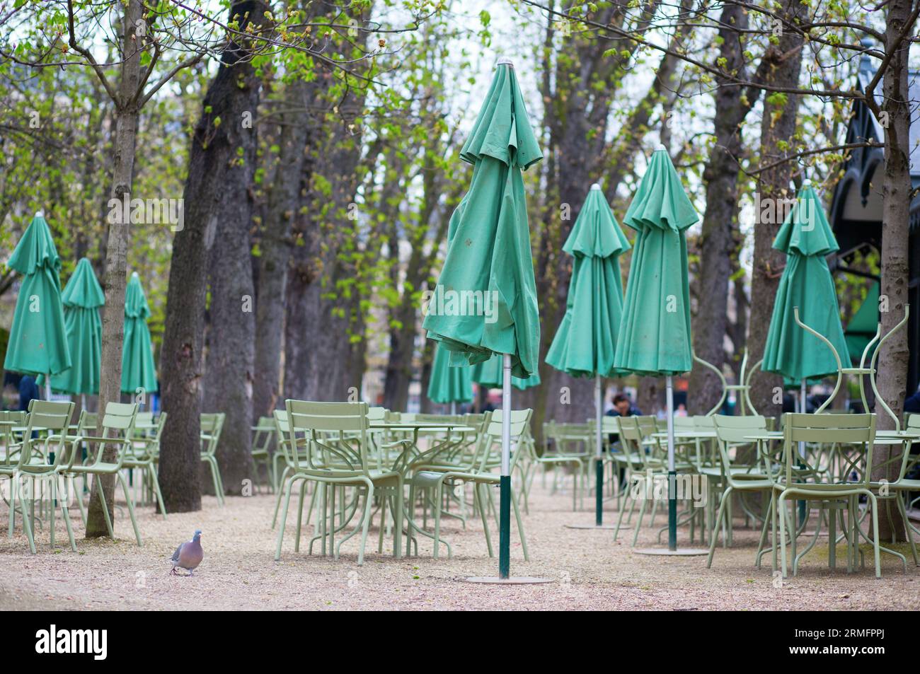 Empty tables of a cafe in Luxembourg garden Stock Photo