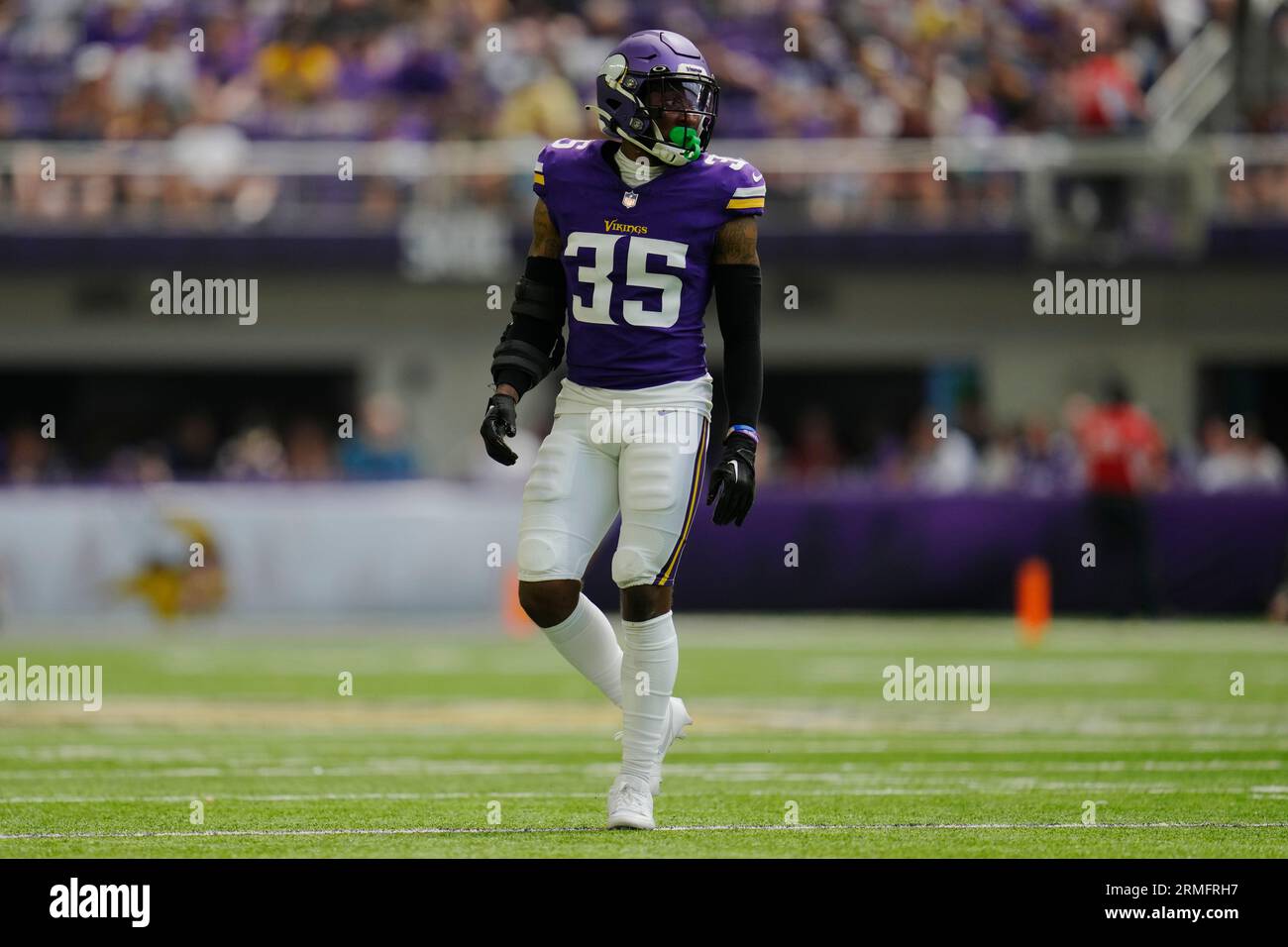 Minnesota Vikings cornerback C.J. Coldon Jr. (35) stands on the field  during the first half of an NFL preseason football game against the Arizona  Cardinals, Saturday, Aug. 26, 2023, in Minneapolis. (AP
