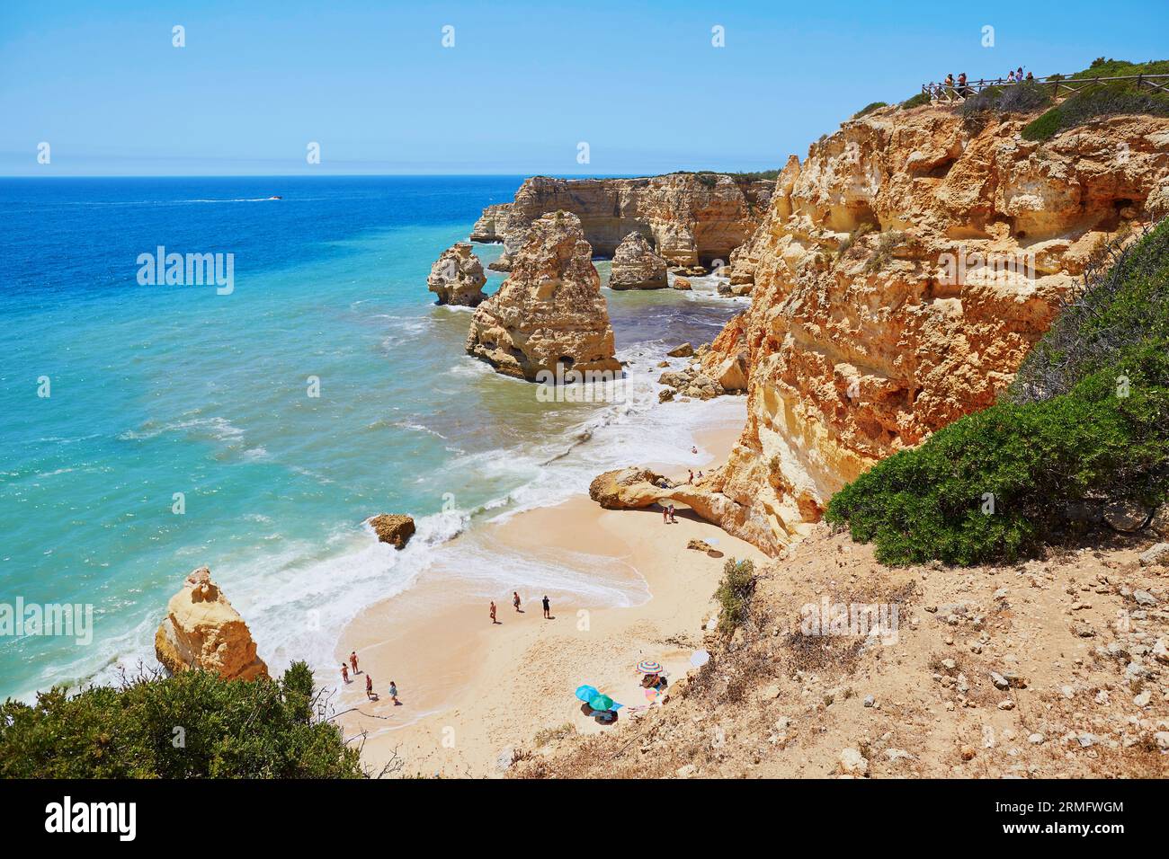 Scenic landscape with ocean, sand beaches and rocks in Algarve ...