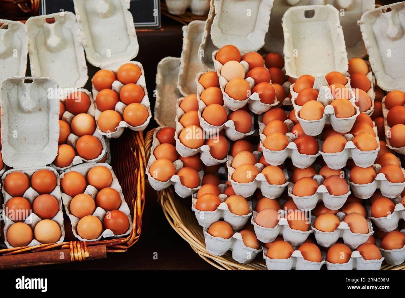 Eggs on farmer market in Paris, France. Typical European market of home