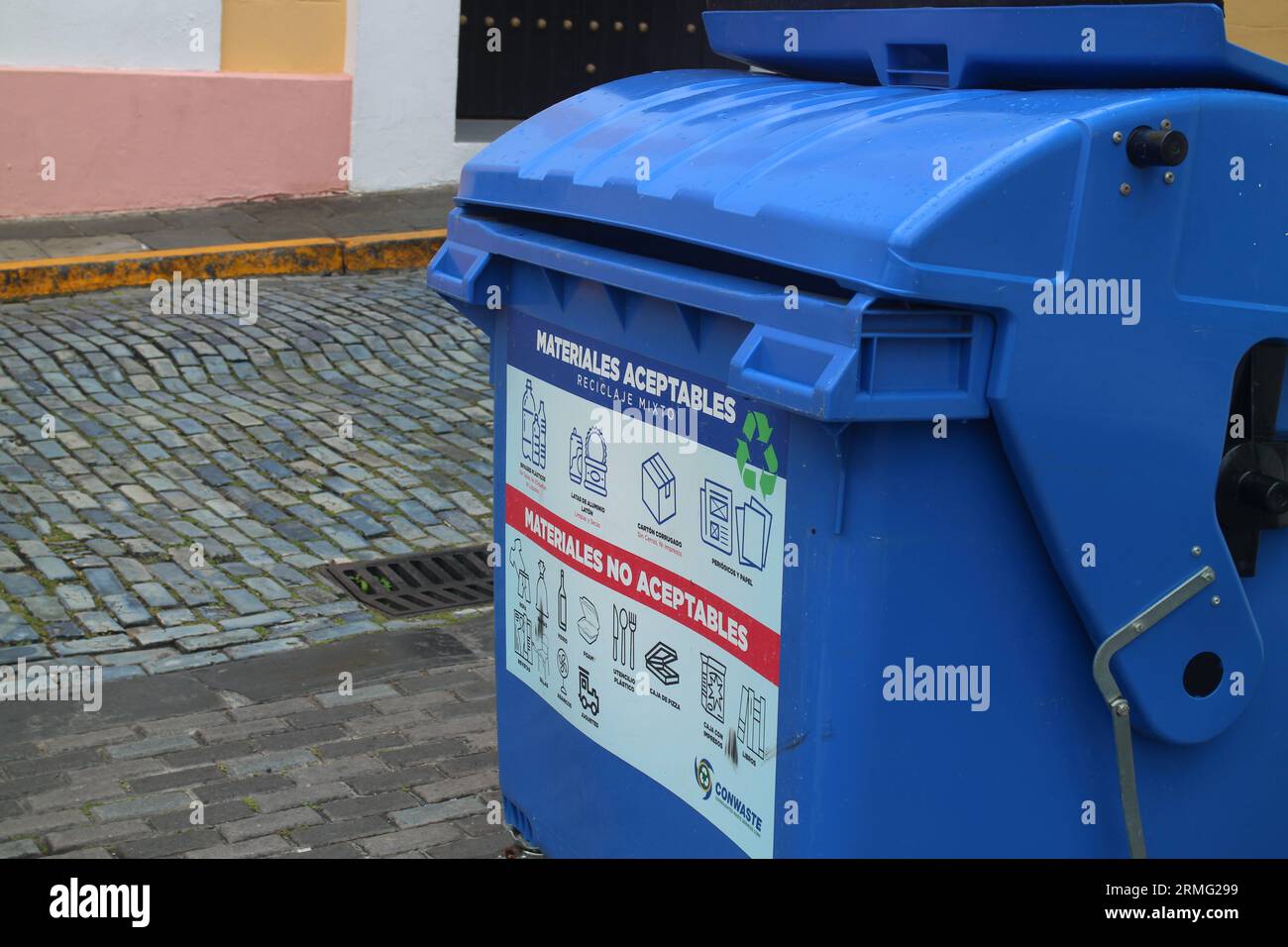 Blue Recycling Bin on the street Stock Photo Alamy
