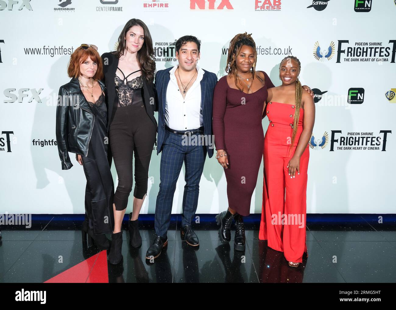 London, UK. 28th Aug, 2023. Kelly Parker, Clare Cooney, Jose Nateras, Ireon Roach and Dashawna Wright photographed at the European Premiere of Departing Seniors held during Pigeon Shrine Frightfest 2023 at the Cineworld Leicester Square. Picture by Julie Edwards Credit: JEP Celebrity Photos/Alamy Live News Stock Photo