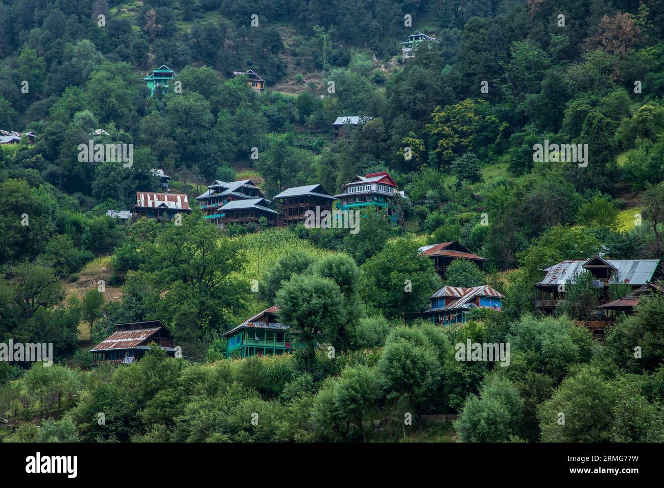 Residential houses are seen in a dense forest in Indian Administered as seen from the banks of Neelam river or Kishan Ganga that has divided Kashmir into two parts controlled by nuclear rivals India and Pakistan. The river acts as a disputed line of control and flows through a village called Keran from both sides which is located on the northern side of Indian Kashmir's Border district Kupwara some 150kms from Srinagar and 93kms from Muzaffarabad, in the Pakistan side of Kashmir. (Photo by Faisal Bashir/SOPA Images/Sipa USA) Stock Photo
