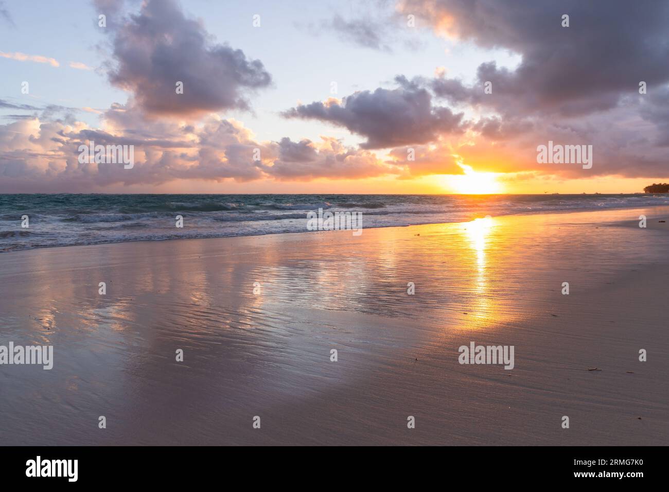 Sunrise over Atlantic ocean coast. Dominican republic, Bavaro beach landscape Stock Photo
