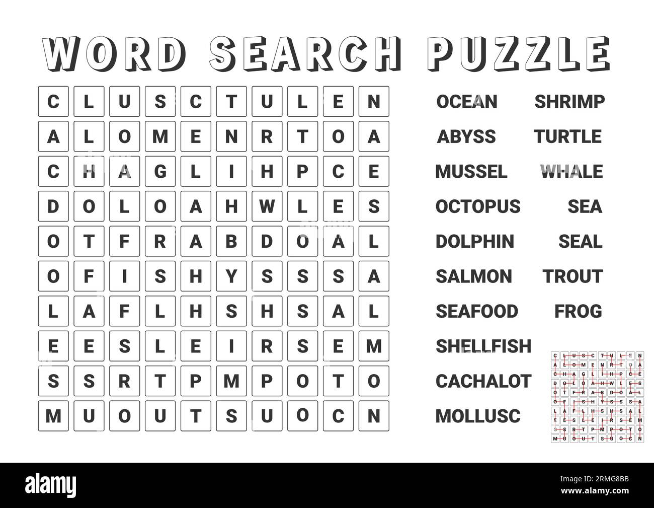 Vector illustration. Word search puzzle. Crossword puzzle on the ocean and the sea Stock Vector