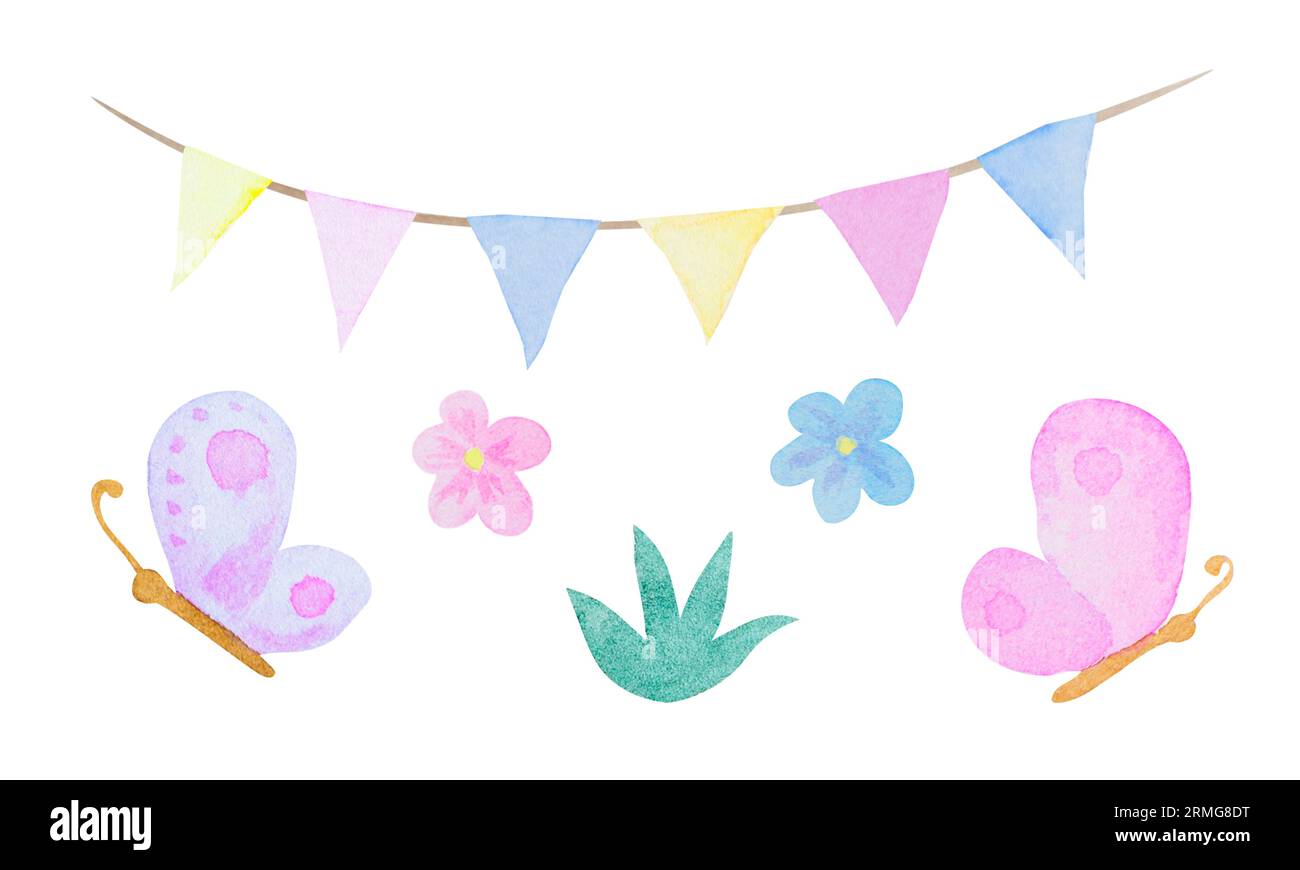 Colorful garland, flowers and butterflies. Hand drawn watercolor painting in children's style. Cute design element for greeting card, invitation Stock Photo