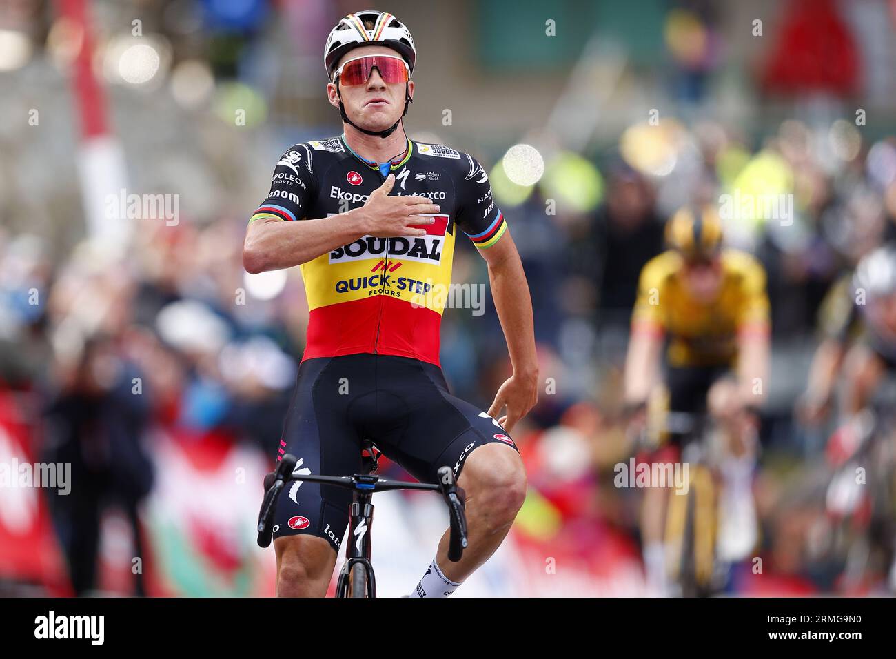 Arinsal, Andorra. 28th Aug, 2023. Belgian Remco Evenepoel of Soudal Quick-Step celebrates after winning stage 3 of the 2023 edition of the 'Vuelta a Espana', Tour of Spain cycling race from Suria to Arinsal, Andorra (158, 5 km), Monday 28 August 2023. The Vuelta takes place from 26 August to 17 September. BELGA PHOTO JOSEP LAGO Credit: Belga News Agency/Alamy Live News Stock Photo