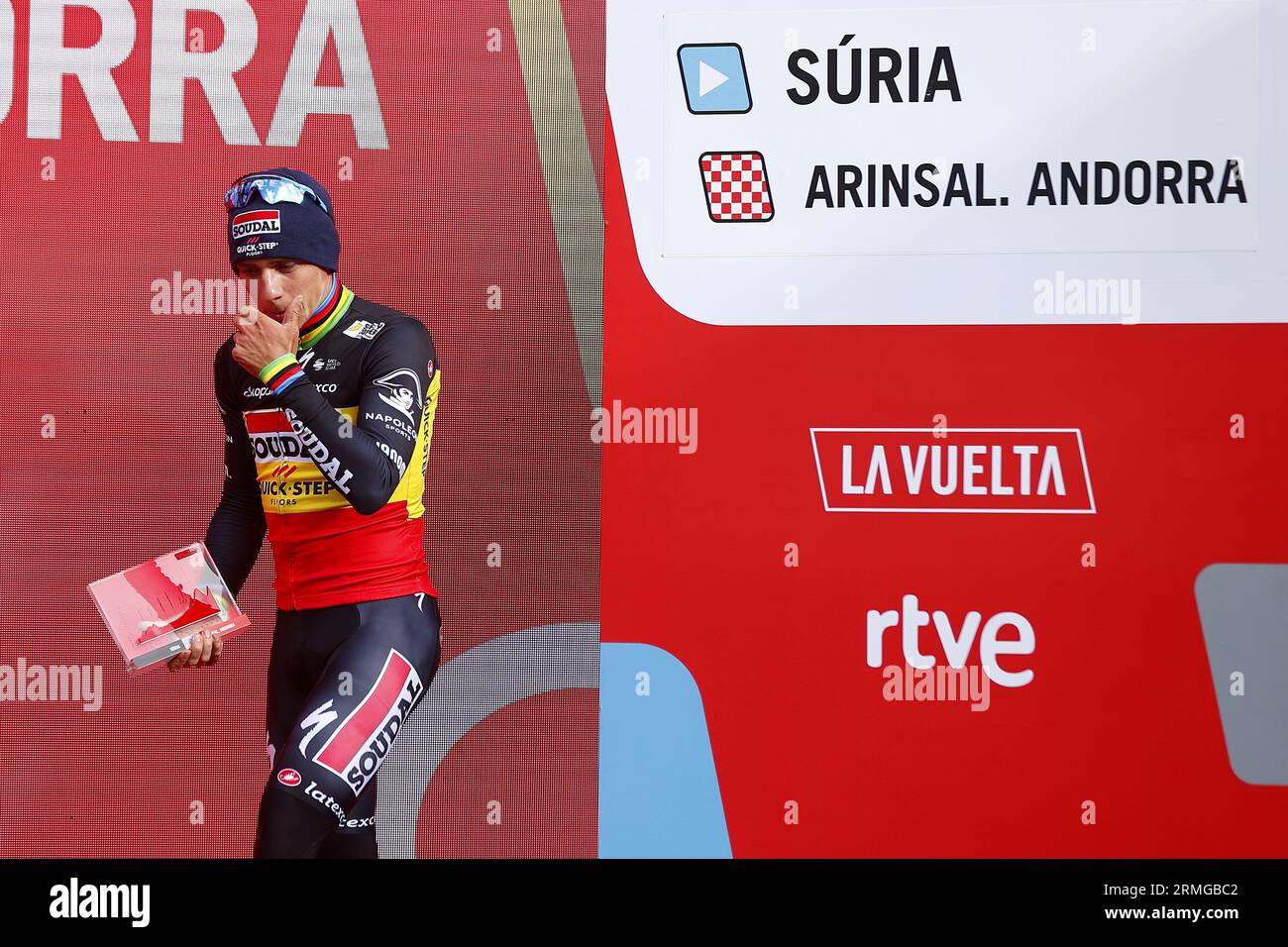 Arinsal, Andorra. 28th Aug, 2023. Belgian Remco Evenepoel of Soudal Quick-Step celebrates after winning stage 3 of the 2023 edition of the 'Vuelta a Espana', Tour of Spain cycling race from Suria to Arinsal, Andorra (158, 5 km), Monday 28 August 2023. The Vuelta takes place from 26 August to 17 September. BELGA PHOTO JOSEP LAGO Credit: Belga News Agency/Alamy Live News Stock Photo