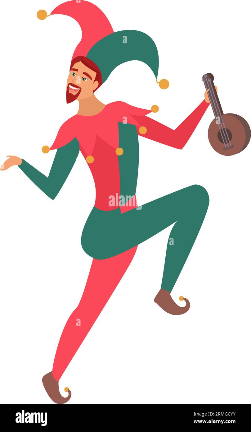 Medieval jester dancing. Amusement person in middle ages cartoon vector illustration Stock Vector