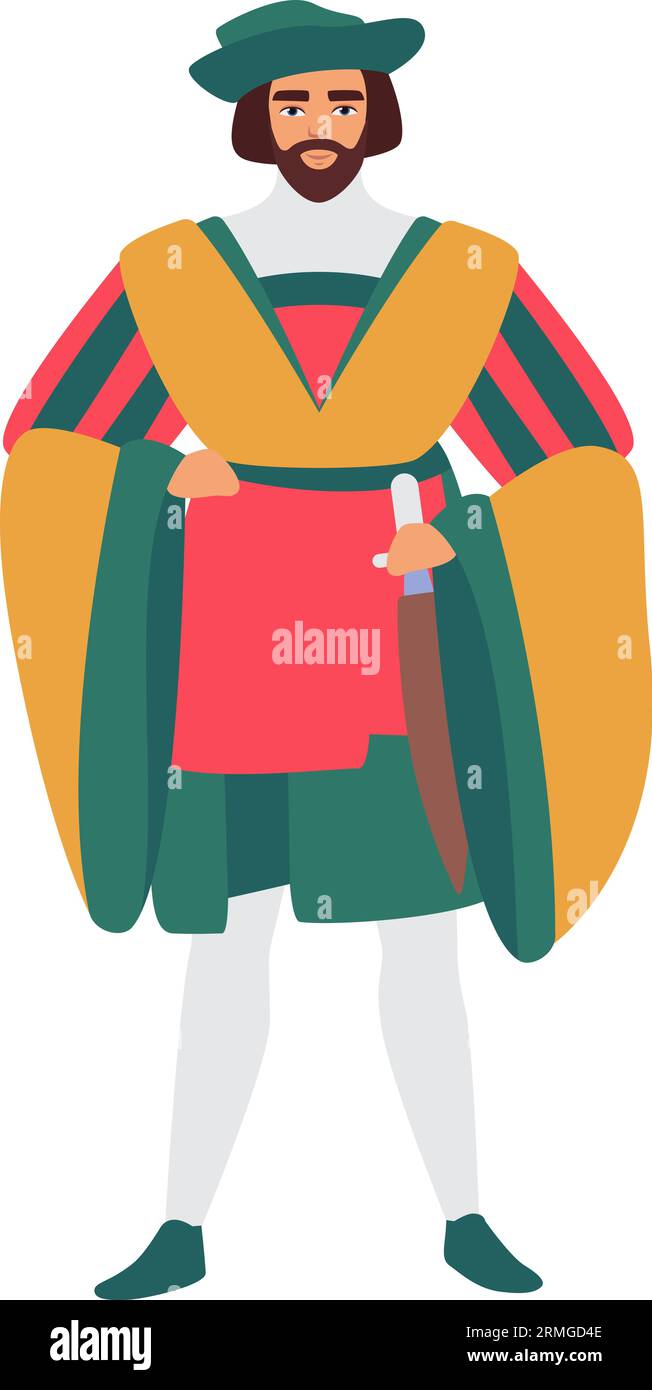 Medieval knight man in fancy clothes. Medieval lord in traditional clothing cartoon vector illustration Stock Vector