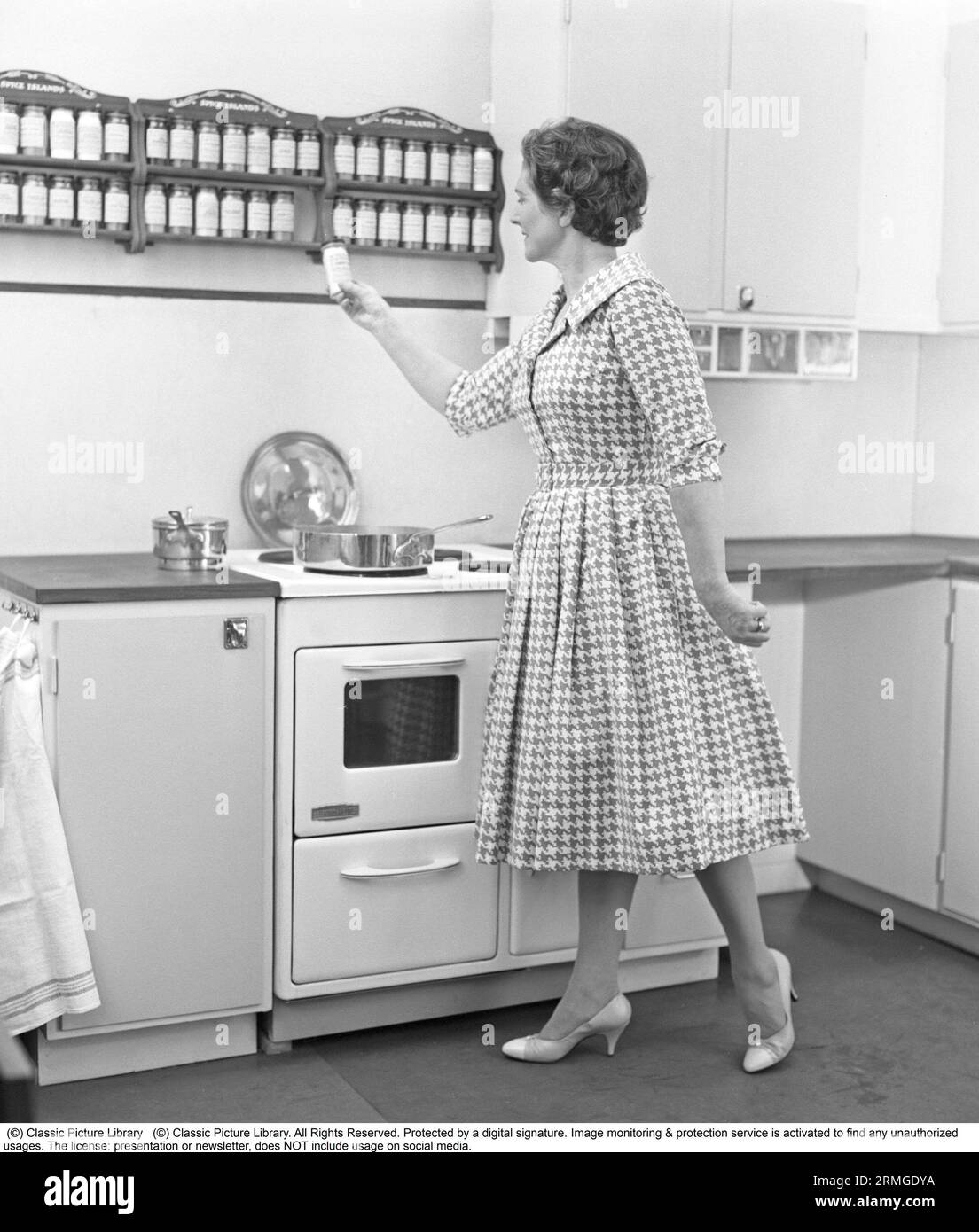In the 1950s. A woman in a typical 1950s kitchen with wooden cabinets and a set of spices on shelfes above the cooker. She holds a can of spices in her hand and looks at it. Sweden 1959. Kristoffersson ref CE103-3 Stock Photo