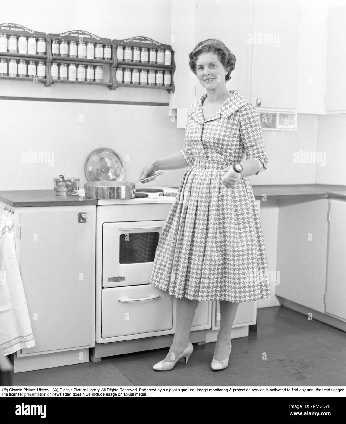 In the 1950s. A woman in a typical 1950s kitchen with wooden cabinets and a set of spices on shelfes above the cooker. She has a saucepan on the stove but nothing is cooking in it. Sweden 1959. Kristoffersson ref CE103-6 Stock Photo