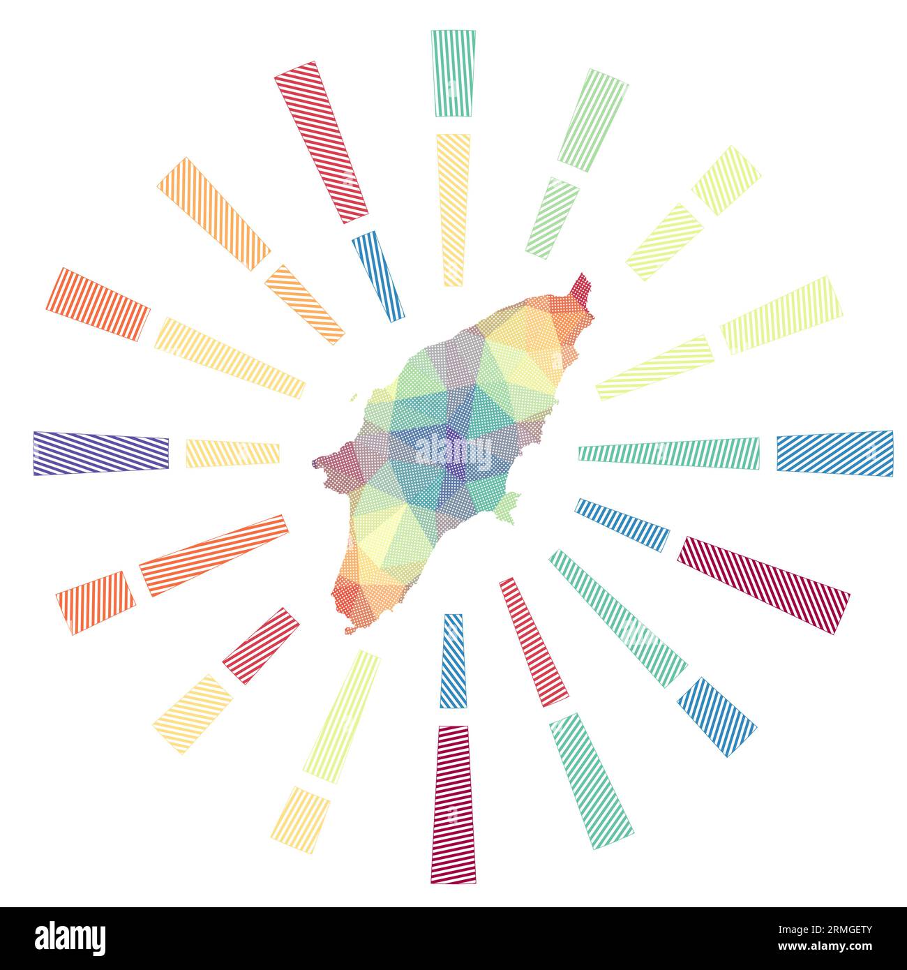 Rhodes sunburst. Low poly striped rays and map of the island. Stylish vector illustration. Stock Vector