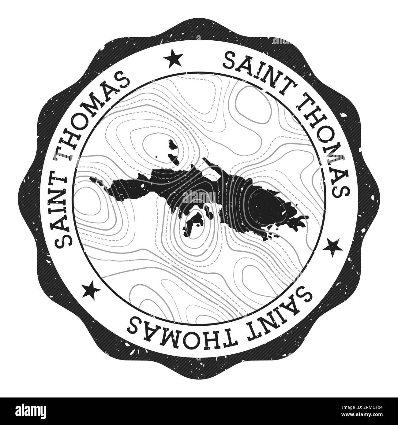 Saint Thomas outdoor stamp. Round sticker with map of island with