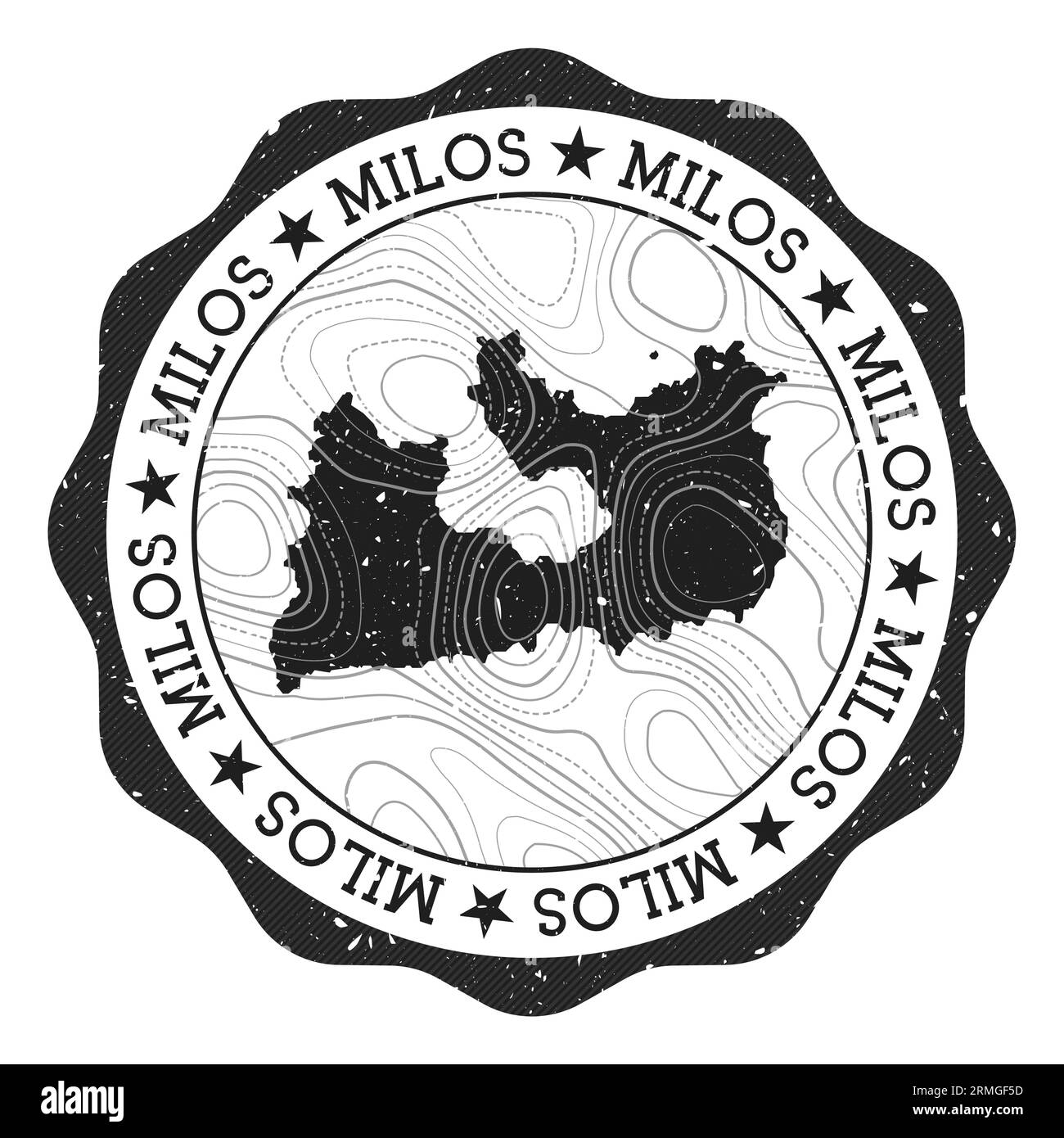 Milos outdoor stamp. Round sticker with map of island with topographic isolines. Vector illustration. Stock Vector