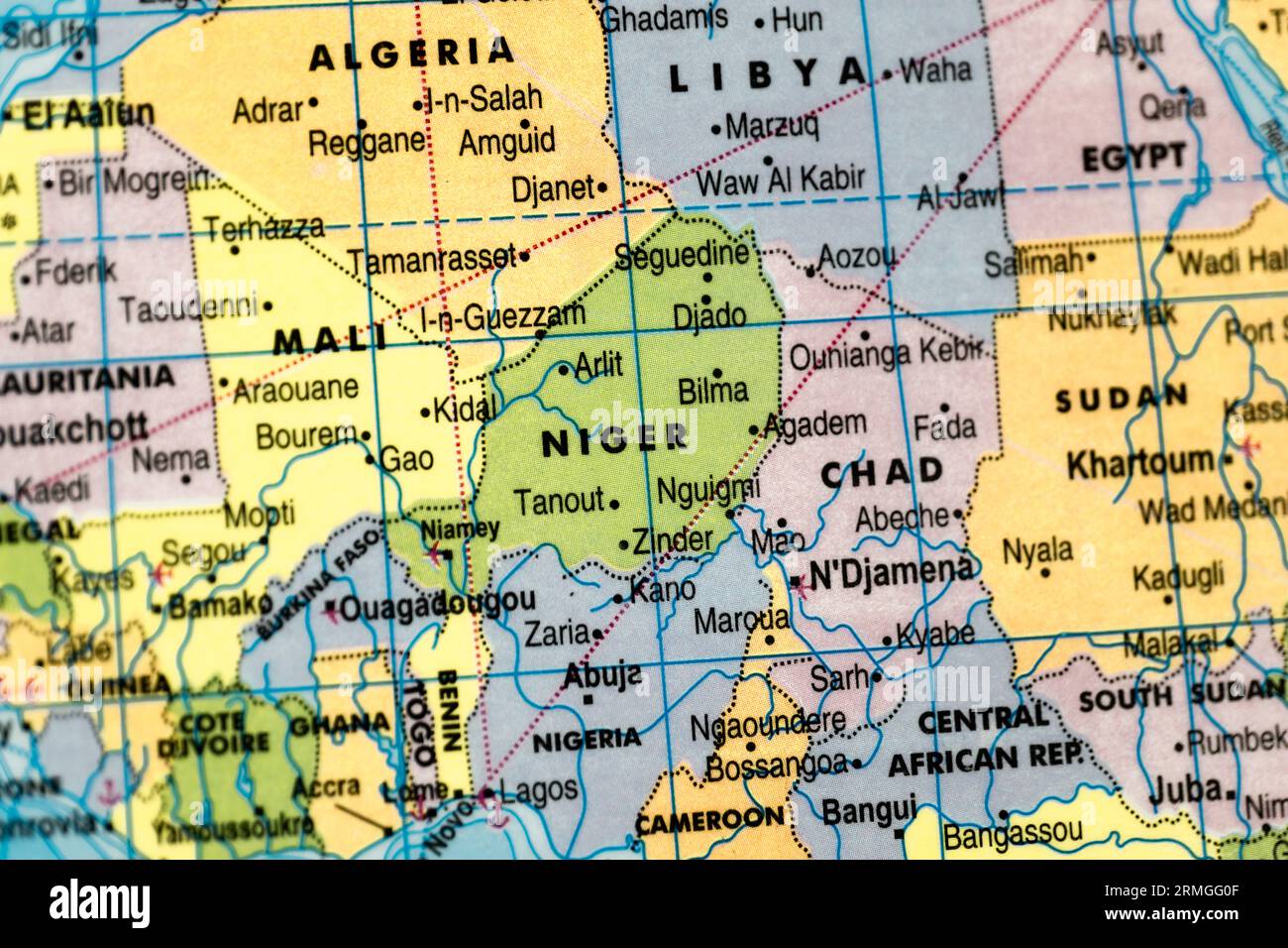 This stock image shows the map of Niger on a world map Stock Photo