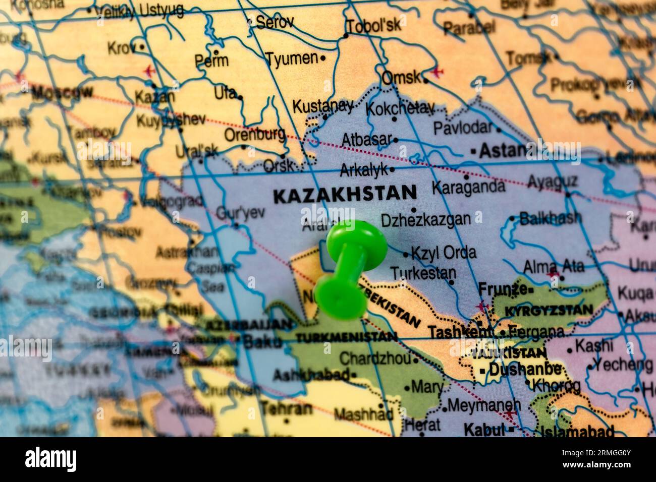 map of the world with Kazakhstan highlighted in blue Stock Photo