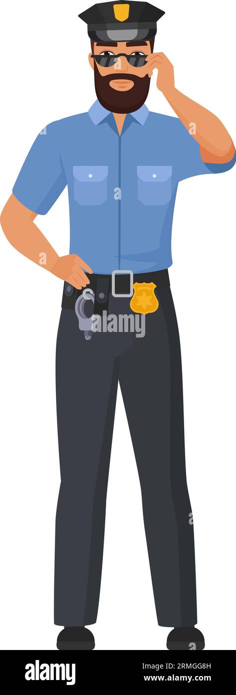 Cool policeman with sunglasses. Standing police officer in work uniform cartoon vector illustration Stock Vector
